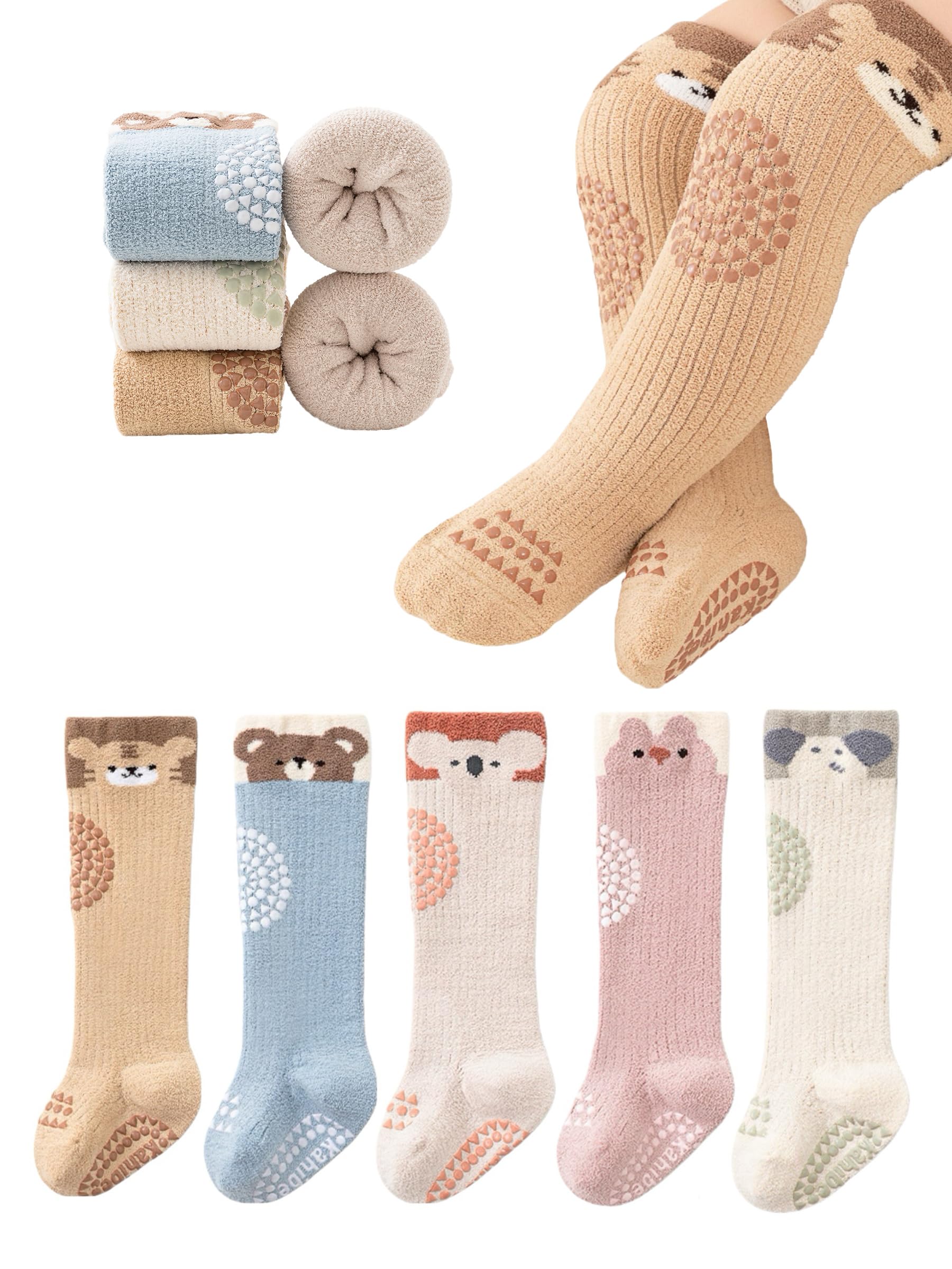 TJCONETJC Toddler Knee High Socks with Grips Thick Warm Baby Non Slip Knee Pads for Crawling Newborn Infant Stockings 5 Pairs (US, Age, 1 Year, 3 Years, Style1)