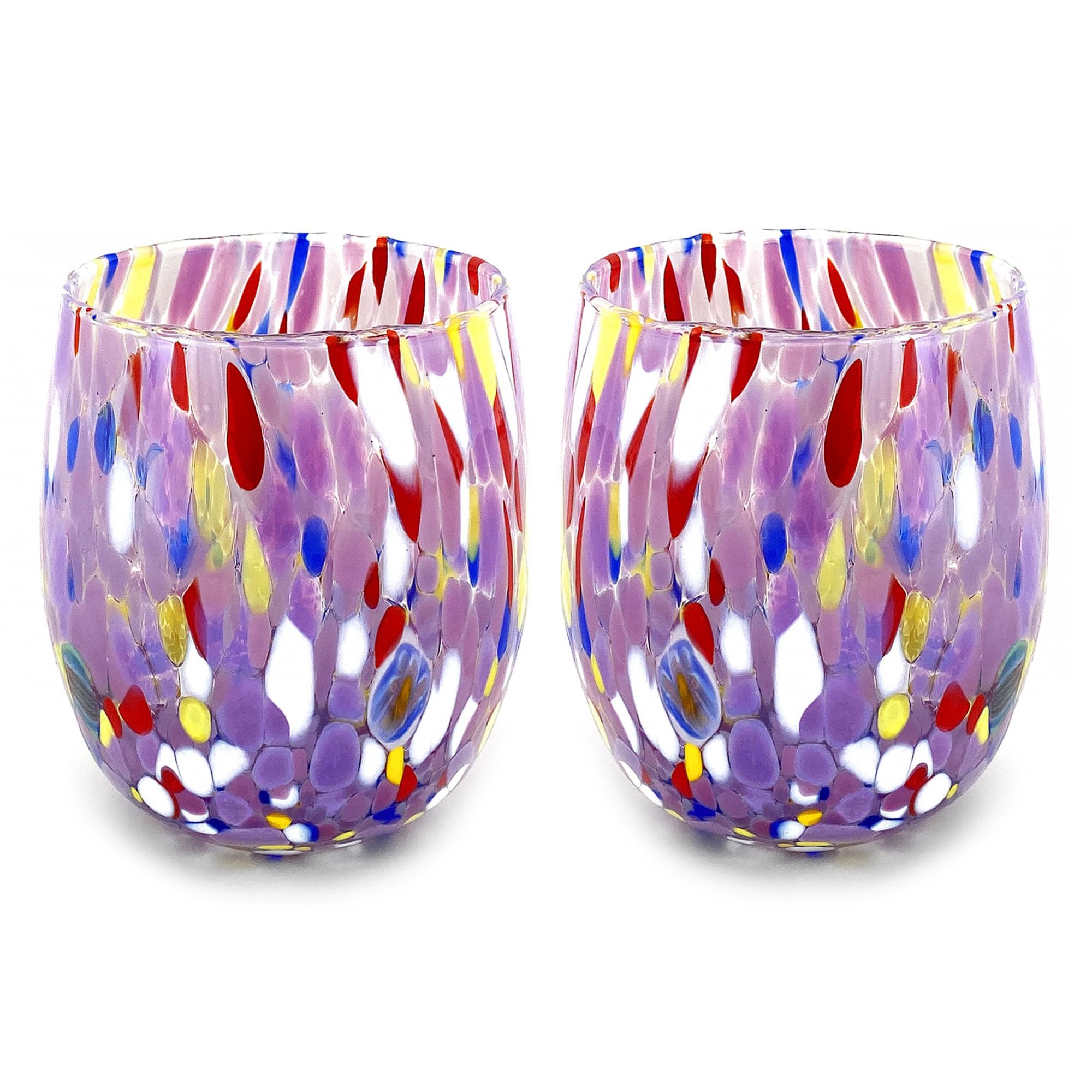 MAZZEGA ART & DESIGN - 2 x ręcznie dmuchane i oryginalne szklanki do wody Murrine Murano - kolory Murano - Columbine 435 ml. Wyprodukowano we Włoszech (fioletowy, 2)