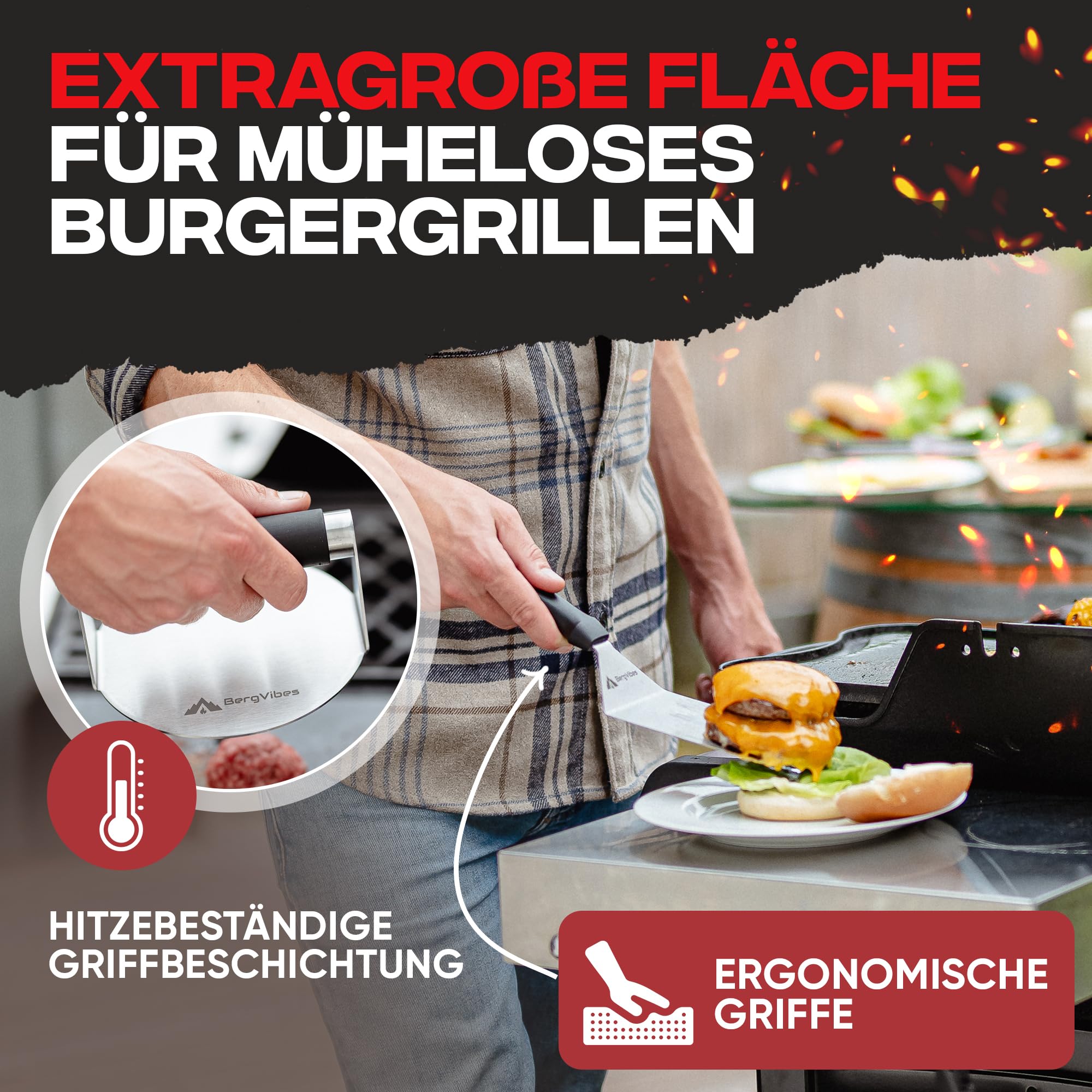 Smash Burger Set 6 TLG. aus Edelstahl für Plancha, 2 Burgerglocken, Burgerpresse, Smasher, Pattywender, Grillzange, Burger Smasher Set, das ideale Geschenkset (Exklusive)