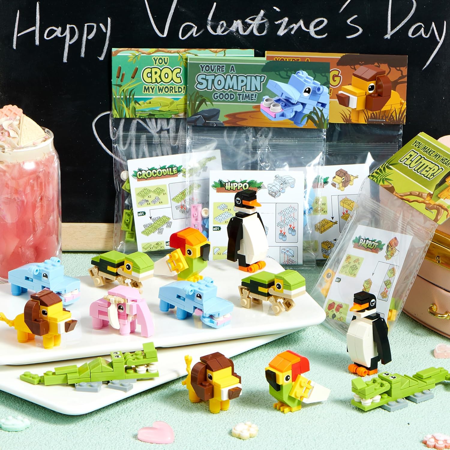 JOYIN 28 Packs Valentines Day Gift Cards with Animal Building Blocks for Valentine's Classroom Exchange Toy, Party Favor, Kids Classroom School Prize