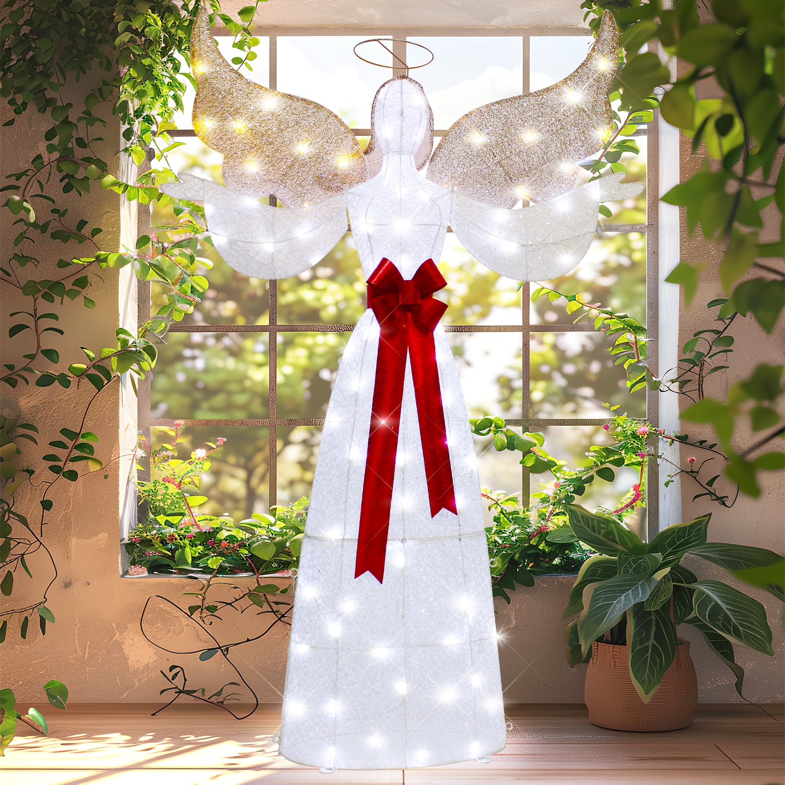 65" Lighted up Angel Christmas Decoration for Outdoor Indoor, 3D Halo Angel with Golden Wings White LED Lights,Outdoor Christmas Lighted Holiday Decoration for Lawn Yard Garden