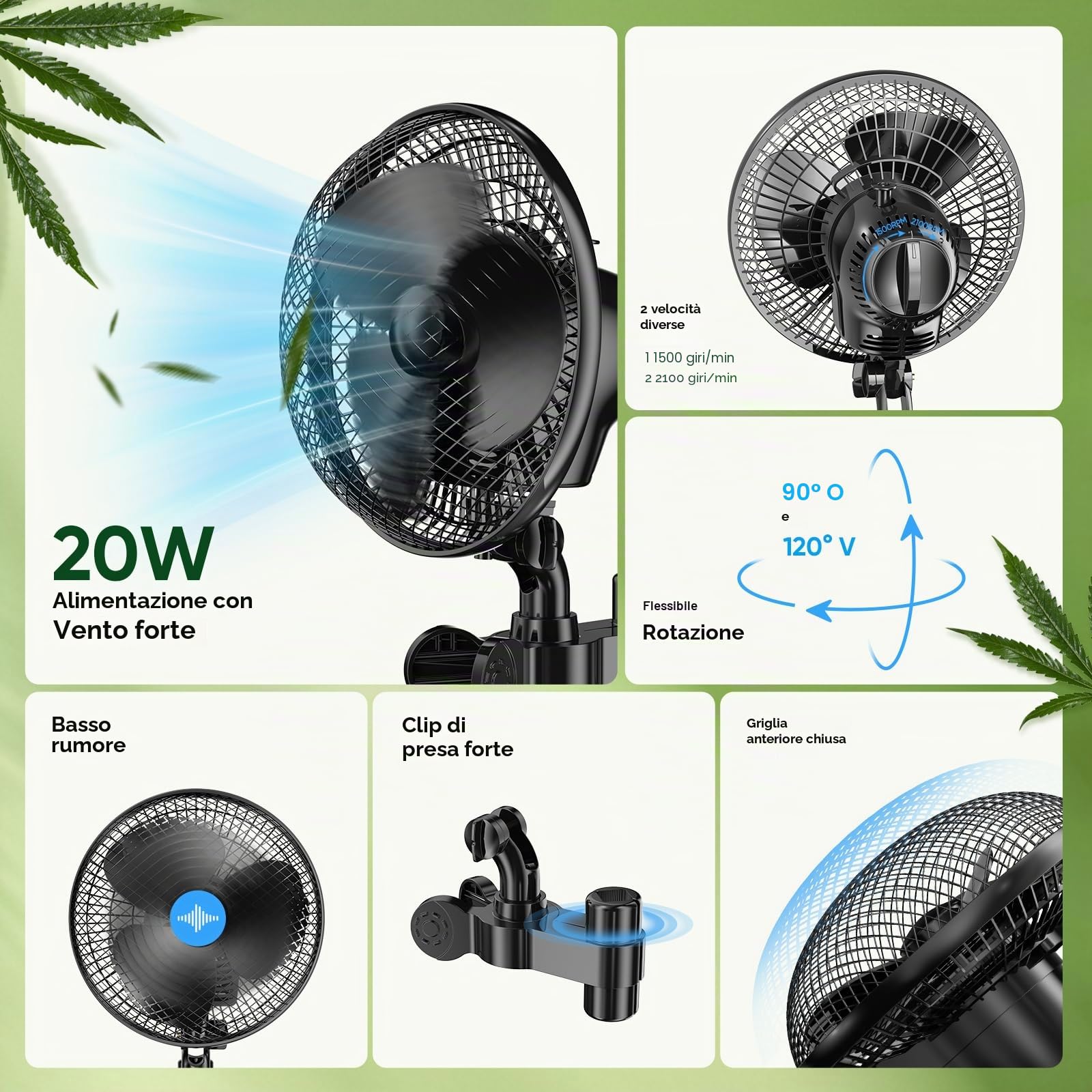 Ventola di crescita da 20 W con clip, ventilatore sedile posteriore auto 2 velocità (1500/2100 giri/min), oscillazione verticale di 120° e orizzontale di 90°, morsetto regolabile