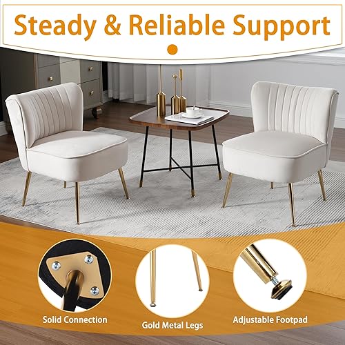 Miniatura 6 de Juego de 2 sillas decorativas, sillas de terciopelo sin brazos para sala de estar con respaldo de ala copetuda y patas de metal dorado, cómodas