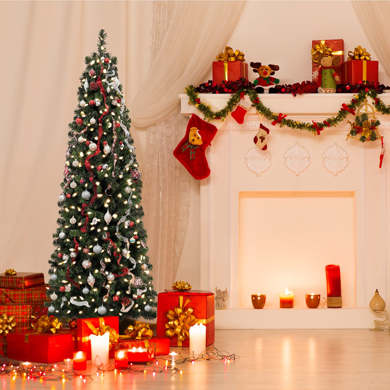 SALCAR Künstlicher Weihnachtsbaum Slim 180 cm, Tannenbaum Künstlich mit Handschuhen und Metallständer, Bleistift Christbaum PVC Grün