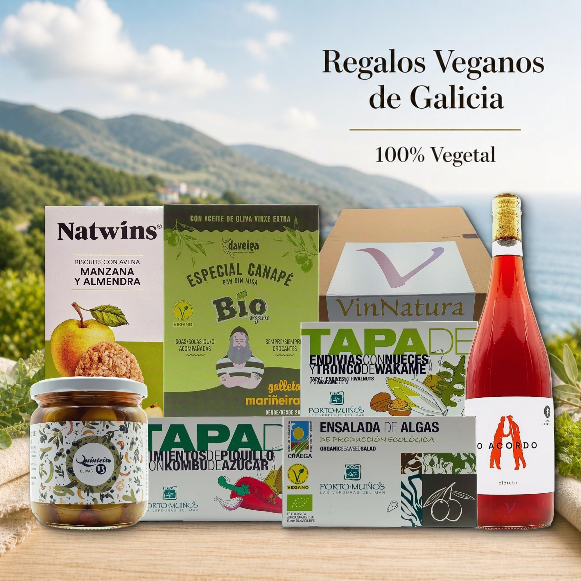 Caja Regalo Vegana Onza de VinNatura con Vino Rosado Natural | Cesta gourmet vegana, regalos para veganos, detalles de empresa inclusivos, celebraciones y tarjeta personalizable