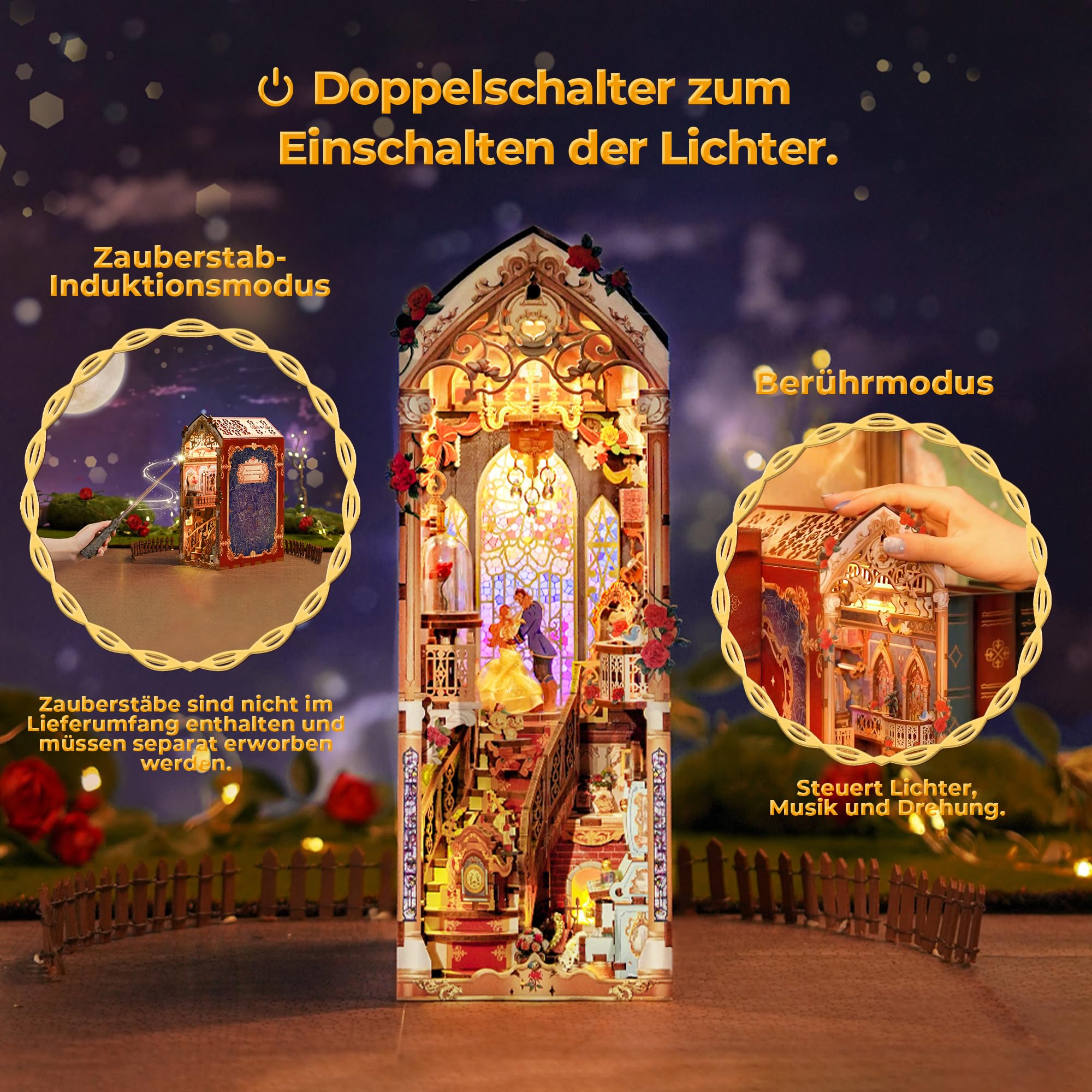 Tonecheer Book Nook Kit mit Staubschutz und LED-Licht, 3D Puzzle Buchstützen aus Holz, Kreative Buchstütze für Bibliothek, DIY Set Erwachsene Geschenkideen(Die Schöne und das Biest)