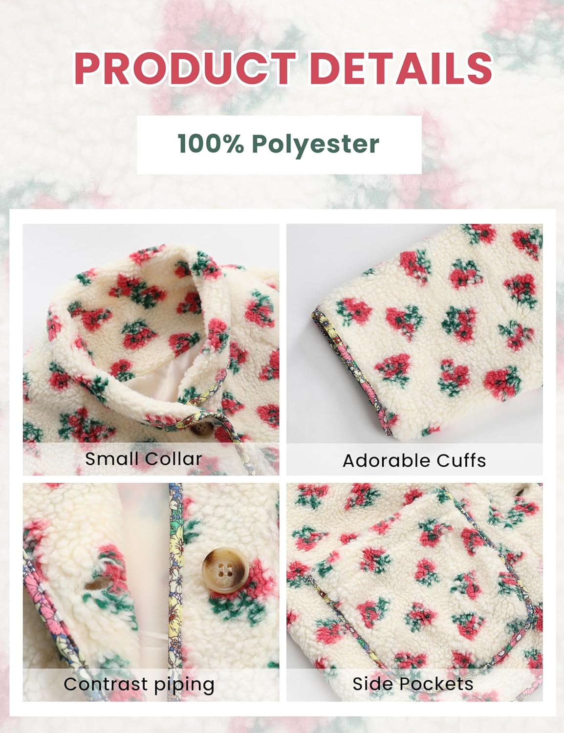 Dqbeng Womens Floral Sherpa Fleece Jacket Long Sleeve Button Up Oversized Casual Teddy Coats Outerwear with Pockets (Cream-M) - Image 4