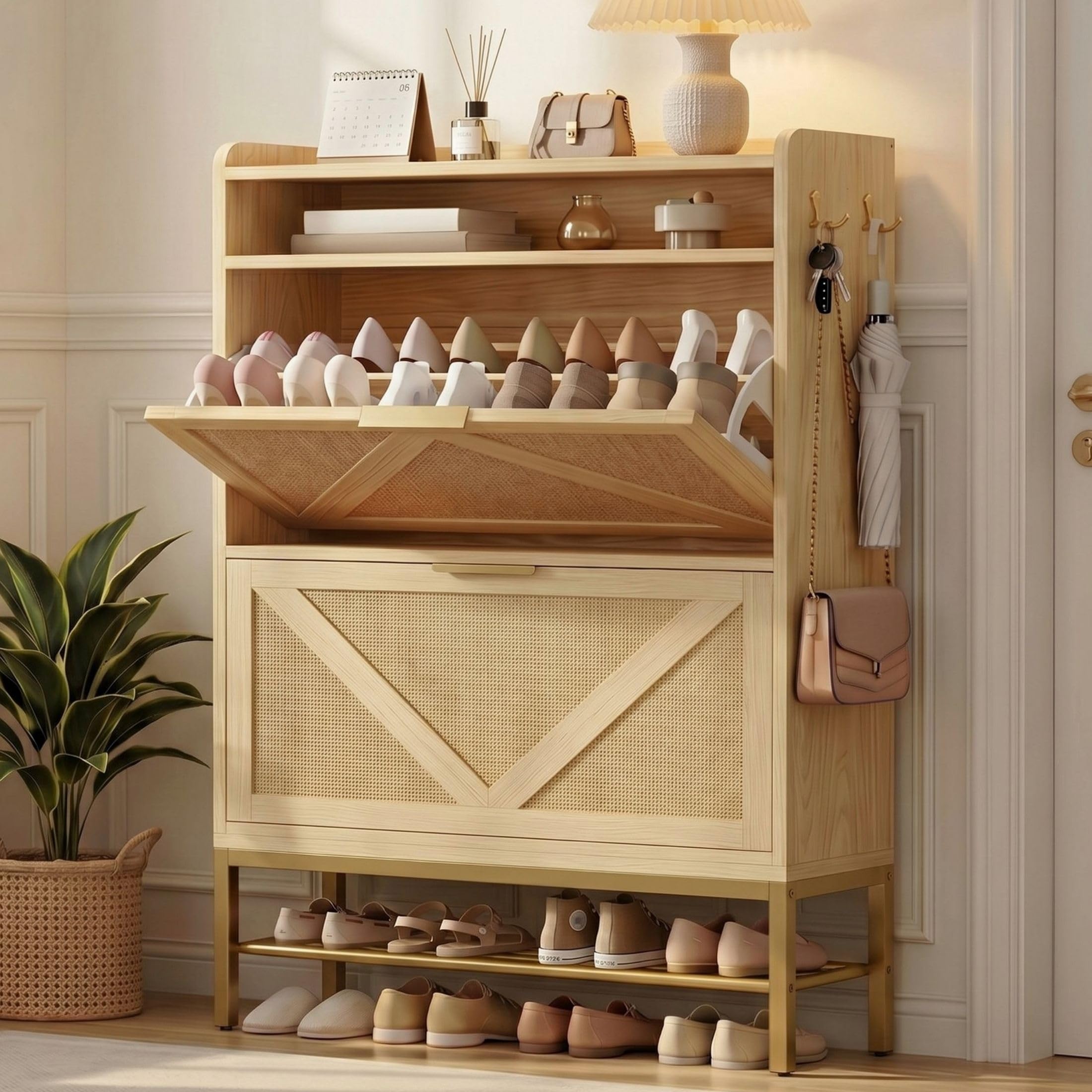 IRONCK Shoe Storage Cabinet with 2 Flip Drawers, 47.9" Tall Narrow Entryway Shoe Storage, Free Standing with 4 Side Hooks and Bottom Metal Rack,