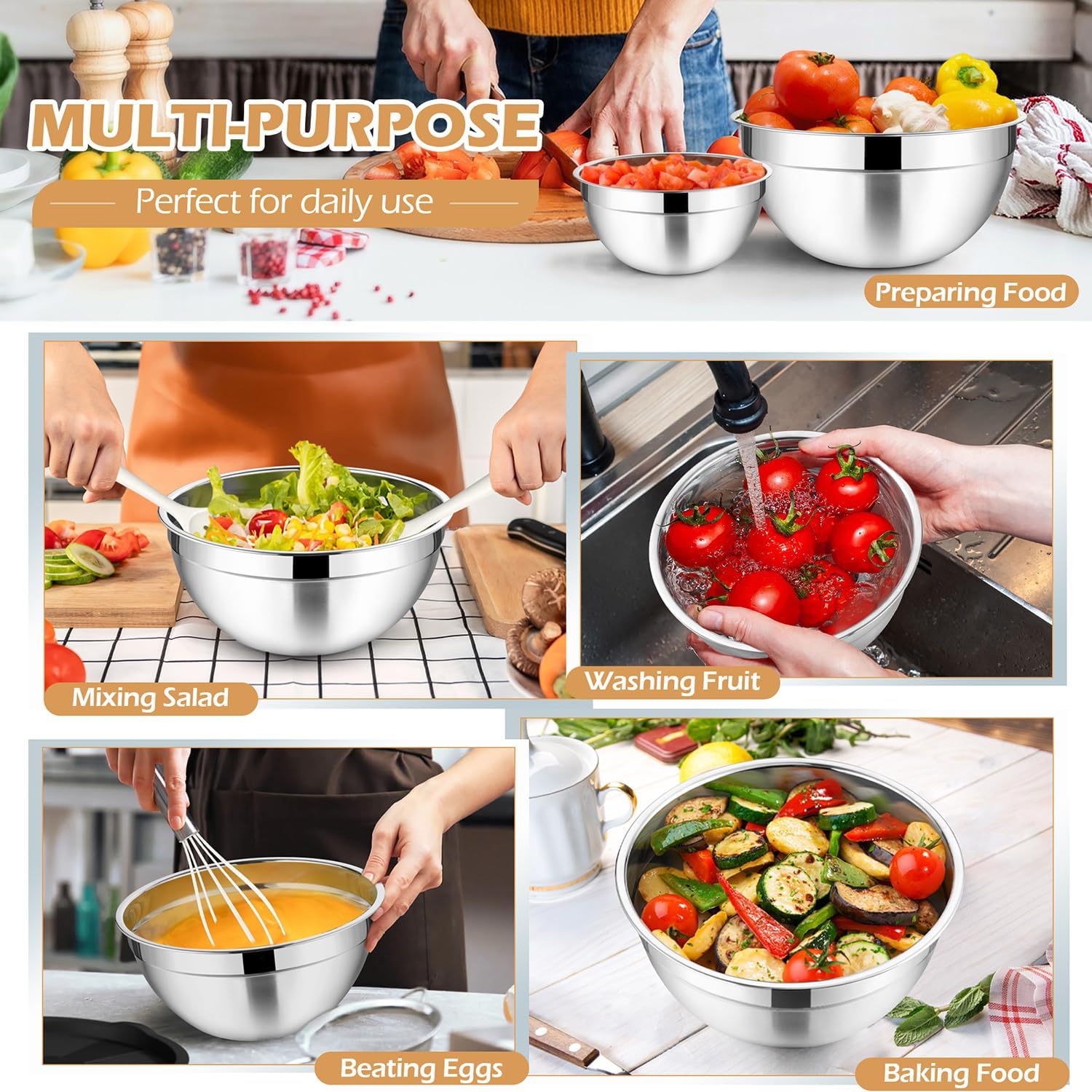 Walchoice Mixing Bowls Sets of 7, Stainless Steel Nesting Mixing Bowl Sets for Kitchen, 7 Size 4.6, 3.5, 2.6, 2, 1.5, 1, 0.7 QT, Include Transparent & Airtight Lids, Dishwasher & Freezer Safe - Khaki