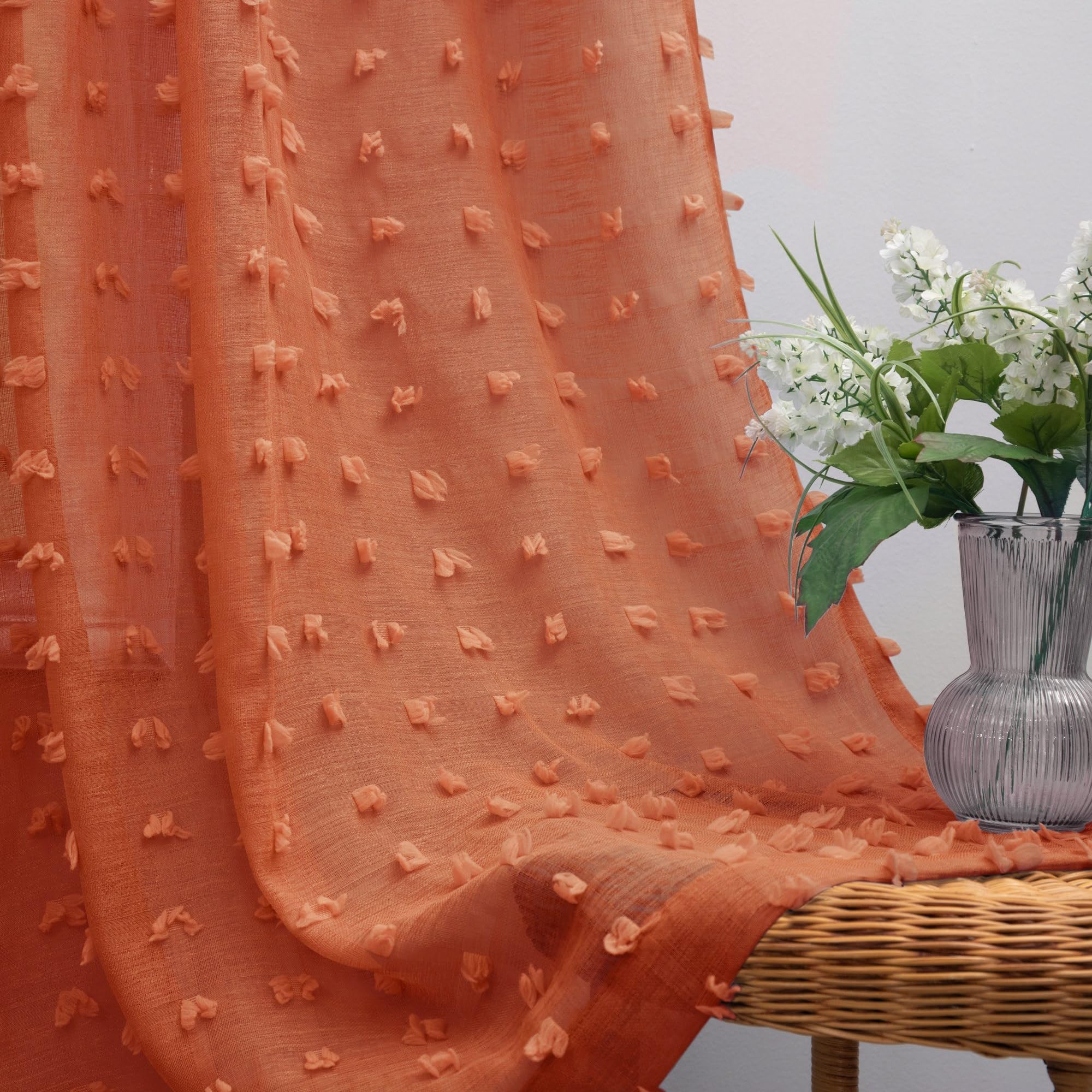KOUFALL Bohemian Sheer Curtains 63 Inches for Kids Room Bedroom 2 Panels Faux Butterfly Pom Pom Sheer Curtains Orange