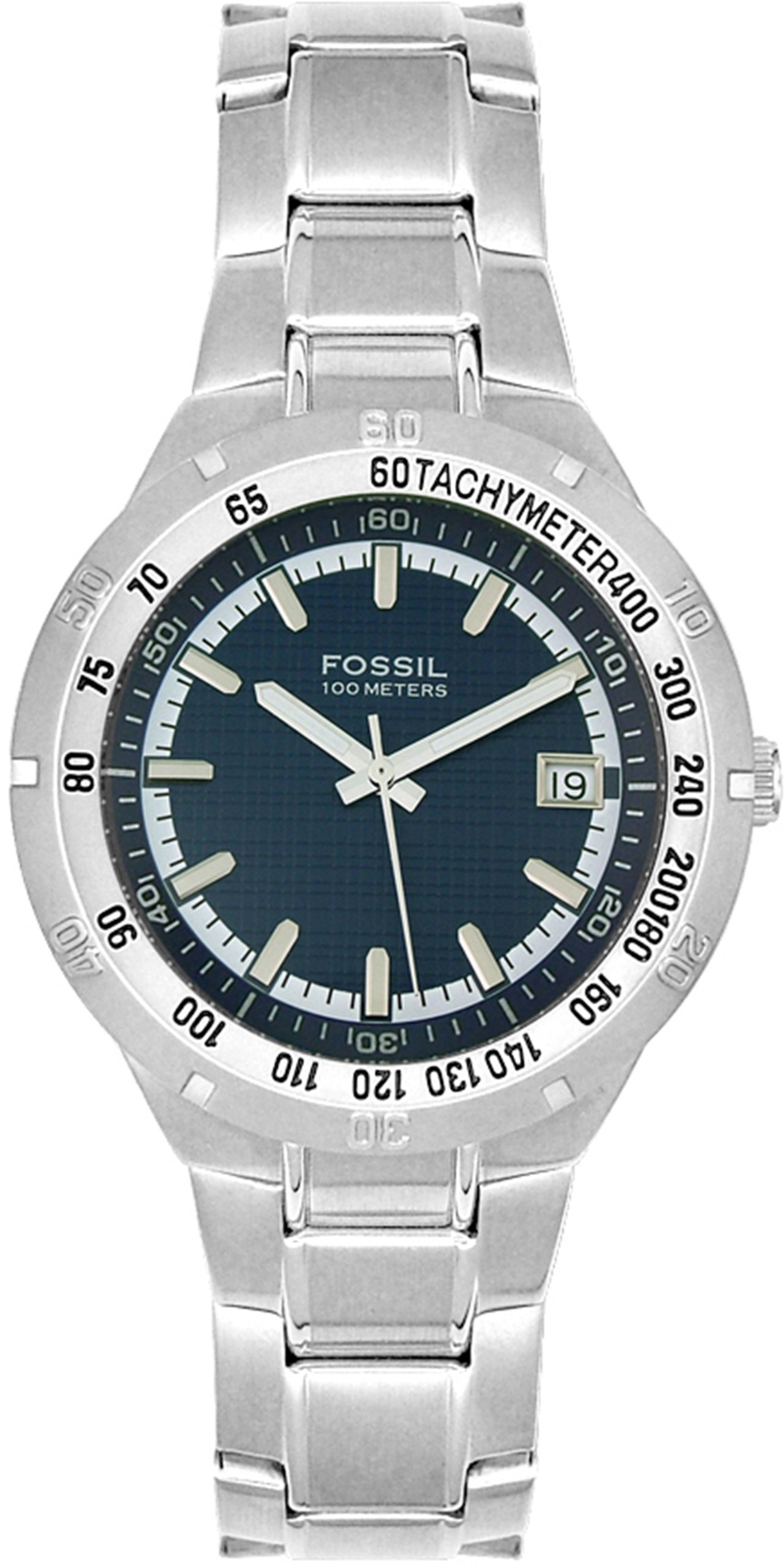 Fossil AM3898 Men's Watch with silver stainless steel case and bracelet, and a blue dial.