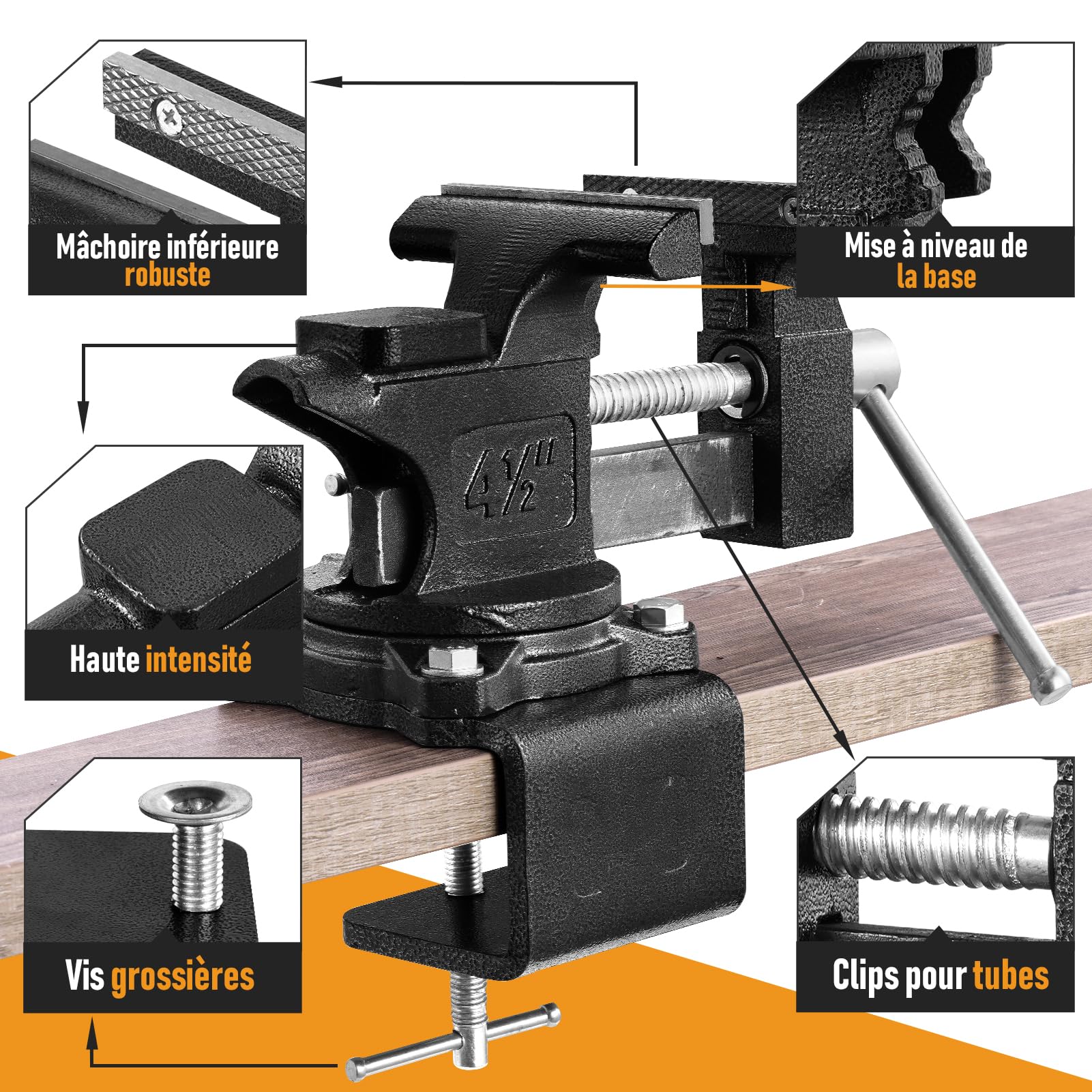 Etau Etabli, 110 mm Etau D'établi Pivotant à 270°, Étau Polyvalent 2 en 1 Haute Performance avec Mâchoires Souples Polyvalentes pour Une Utilisation Facile Sur la Table de Travail