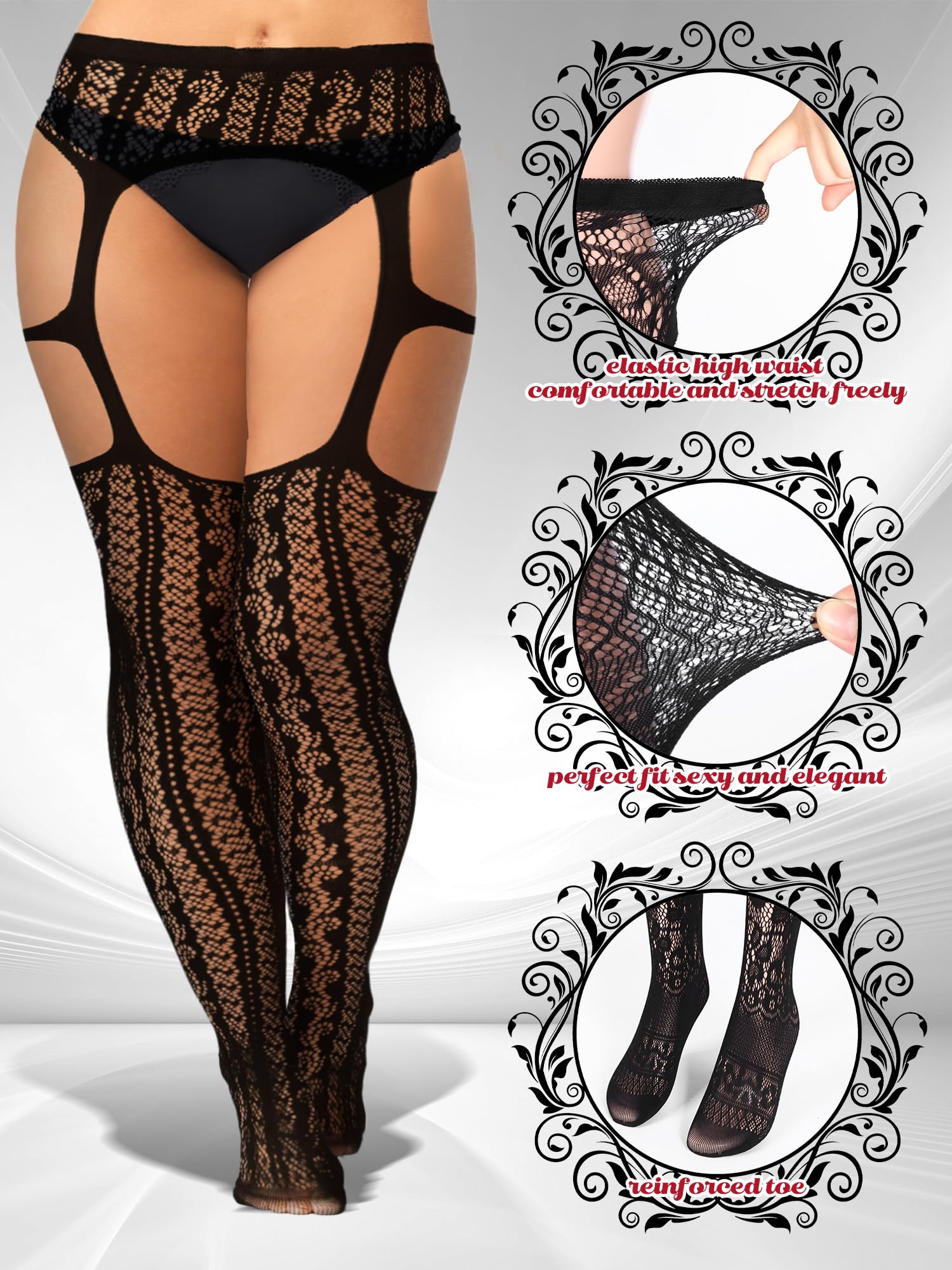 Skylety 6 Pairs Women Plus Size Fishnet Suspender Pantyhose Thigh High Stocking Garter Belt Lingerie Tights for Women S-XXXL: XX-Large-3X-Large Chic Fantasy Black