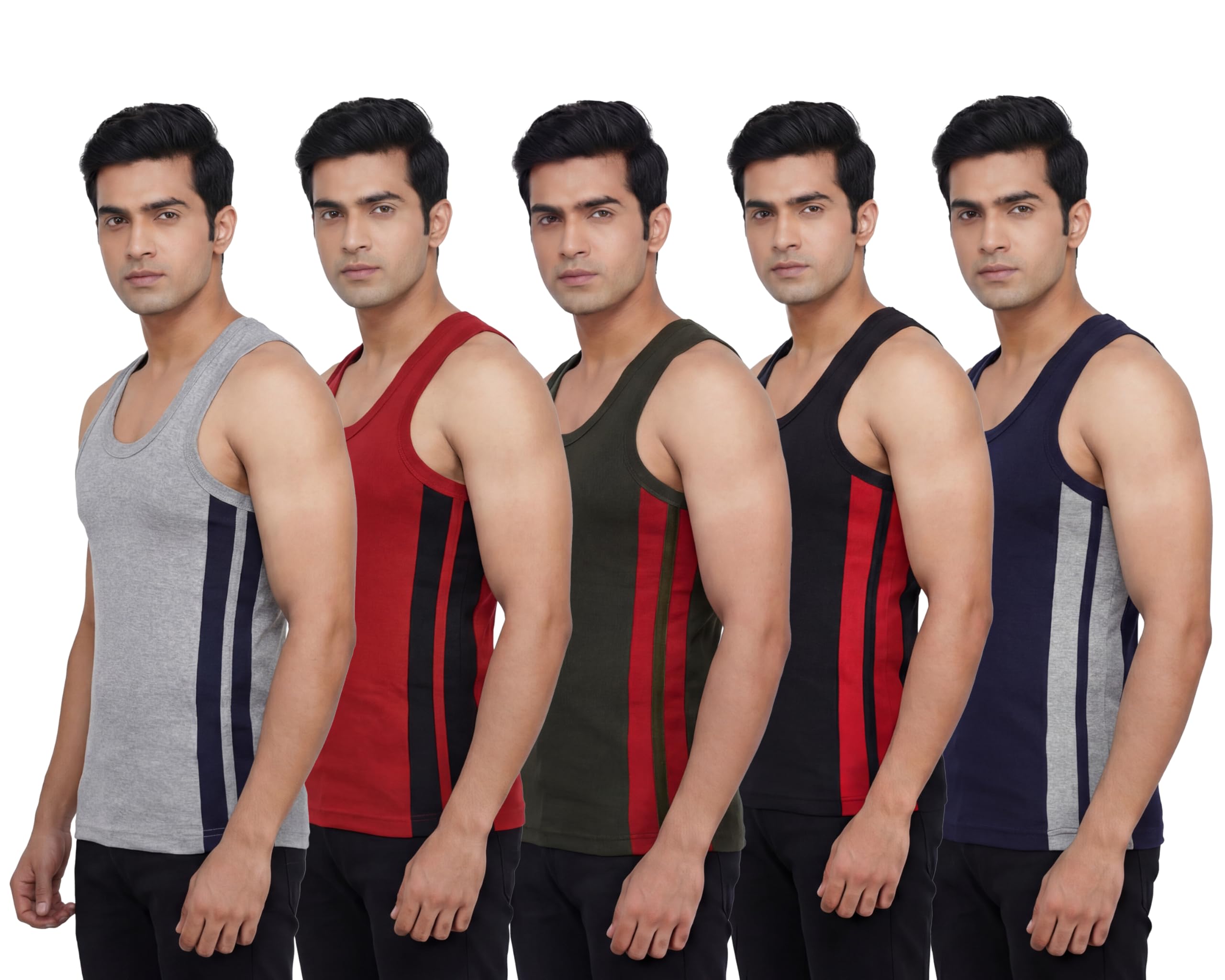 opex Men’s Cotton Muscle Vest | Sleeveless Round Neck Side Panel Design Gym Wear | Soft Breathable Regular Fit Athletic Tank (Pack of 5-picture-22