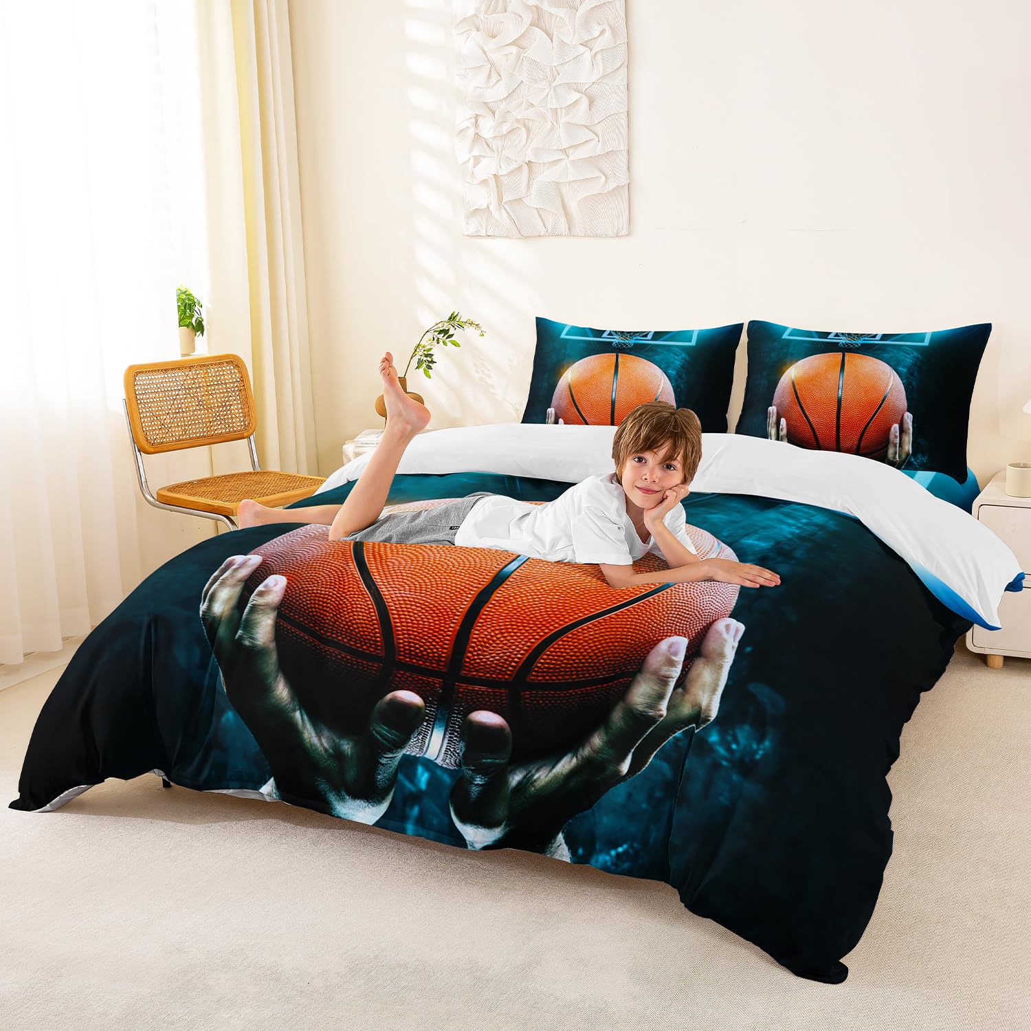 Set di biancheria da letto con tema campo da basket per ragazzi, pallacanestro, copripiumino 220 x 240, decorazione sportiva, tema copripiumino 3D partita di palla, biancheria da letto per bambini e