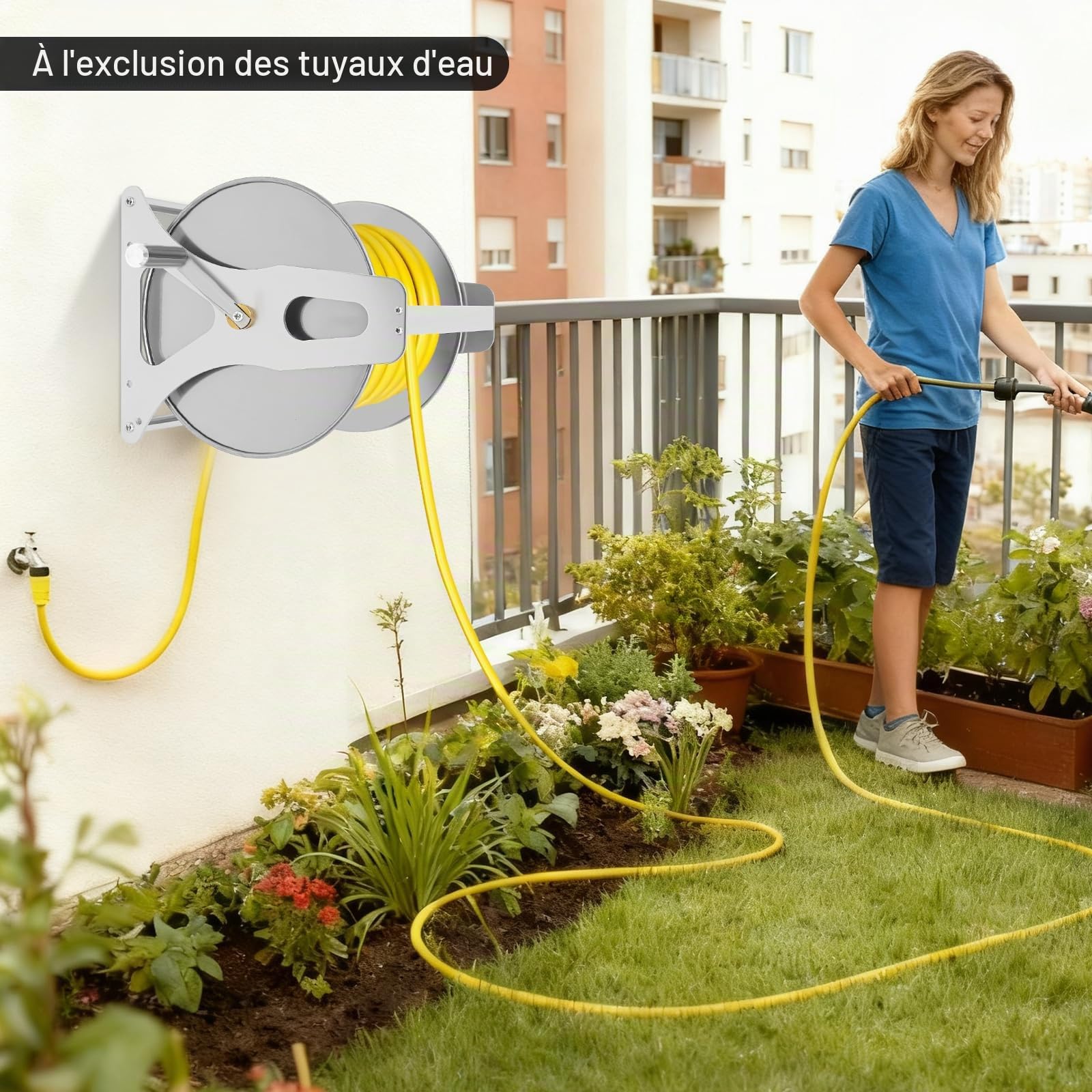 Enrouleur de tuyau d'arrosage en acier inoxydable - Support de rangement avec poignée, sol et mur - Argenté (sans tuyau)