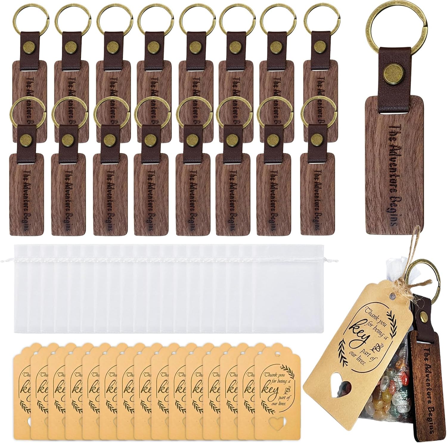 200pcs Wood Keychain Favors - Rustic Wedding Party Gifts for 50 Guests - Engraved Leather Wooden Keyring with Organza Bags & "Thank You" Tags - Bulk Souvenirs for Bridal Shower, Graduation, Retirement