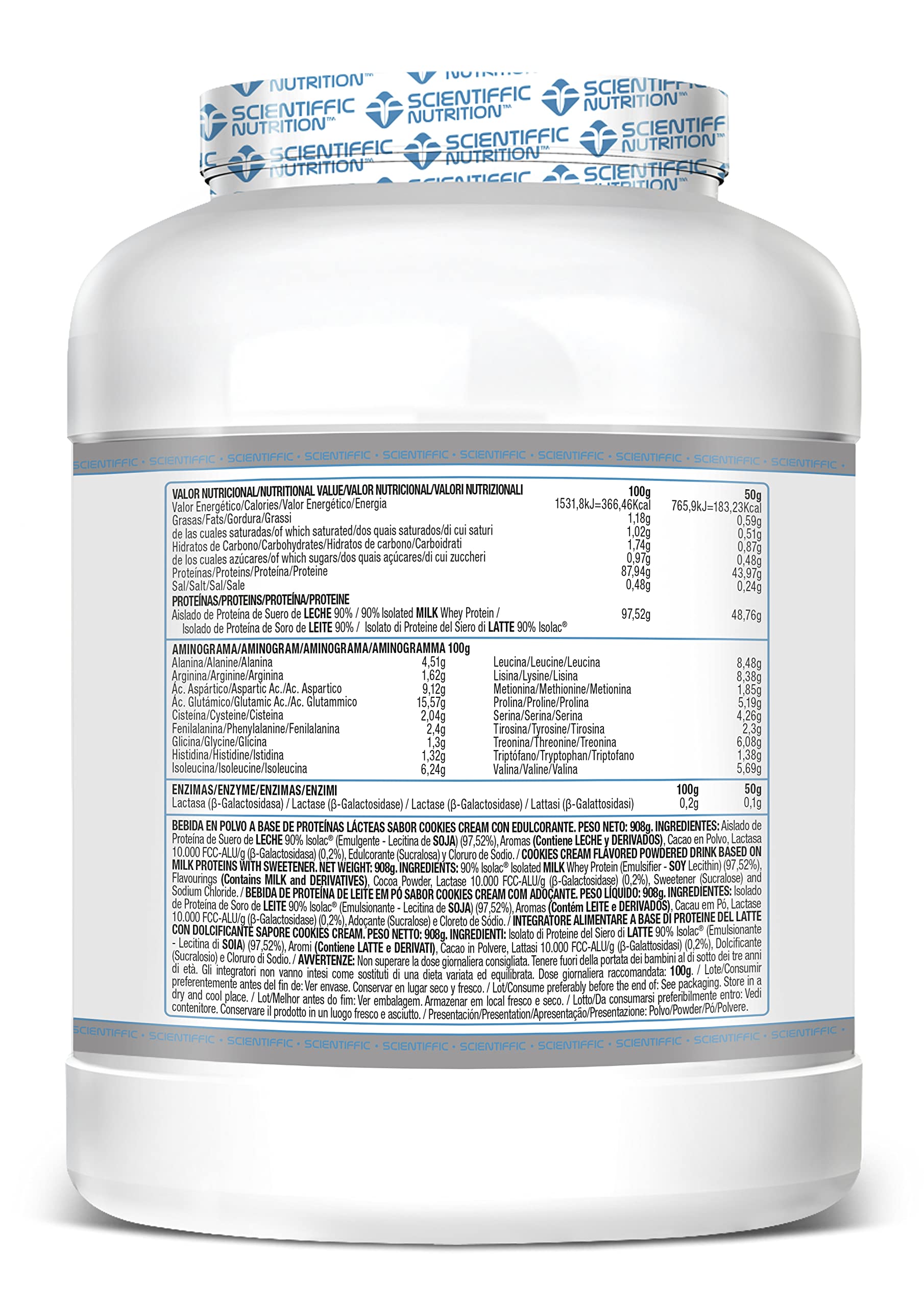 Scientiffic Nutrition - Isolat 2.0, Whey Protein, Suplemento de Proteina Aislada ISO con Lactasa, Proteina de Suero de Leche en Polvo - 908g, Cookies.