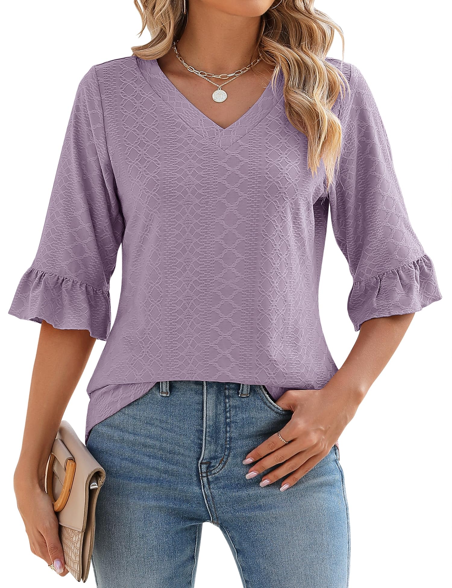 LOMON 3/4 Length Sleeve Womens Tops Summer V-Neck Blouses Spring Ruffle Sleeve Tunic T-Shirts Dressy Casual