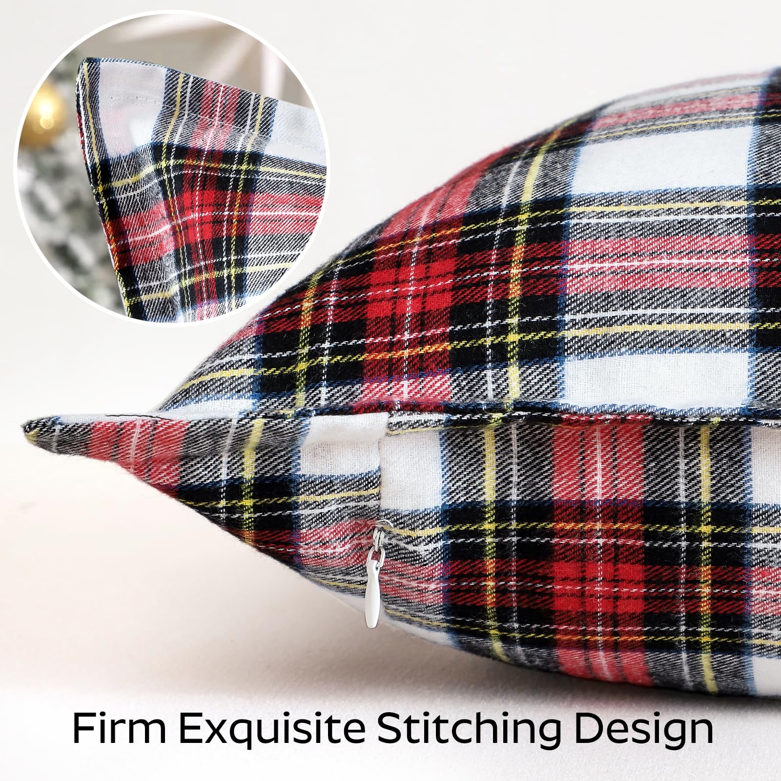 Sungeek Christmas Scottish Tartan Cushion Covers 60 x 60 Set of 2 Linen Decorative Check Plaid Square Pillow Covers with Stitched Edge for Sofa Couch Bed Living Room 24x24 Inch (White) - Image 4