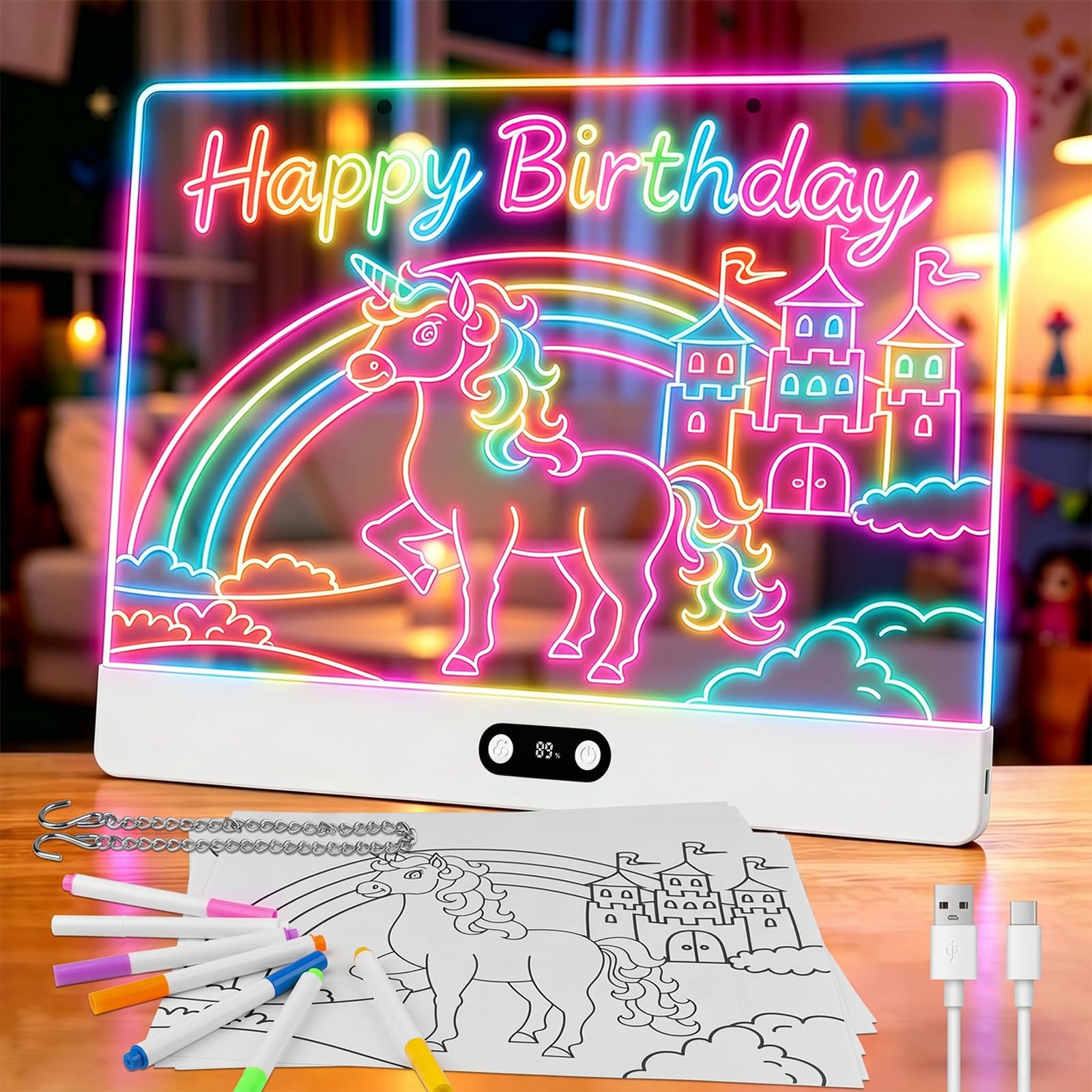 Lavagna da Disegno a LED Ricaricabile per bambini con Luci RGB,Grande Tappetino Luminoso in Acrilico 35x26cm,8 Colori Statici & 3 Modalità Dinamiche,Supporto Nascosto per Ricalco e Arte,Bianco
