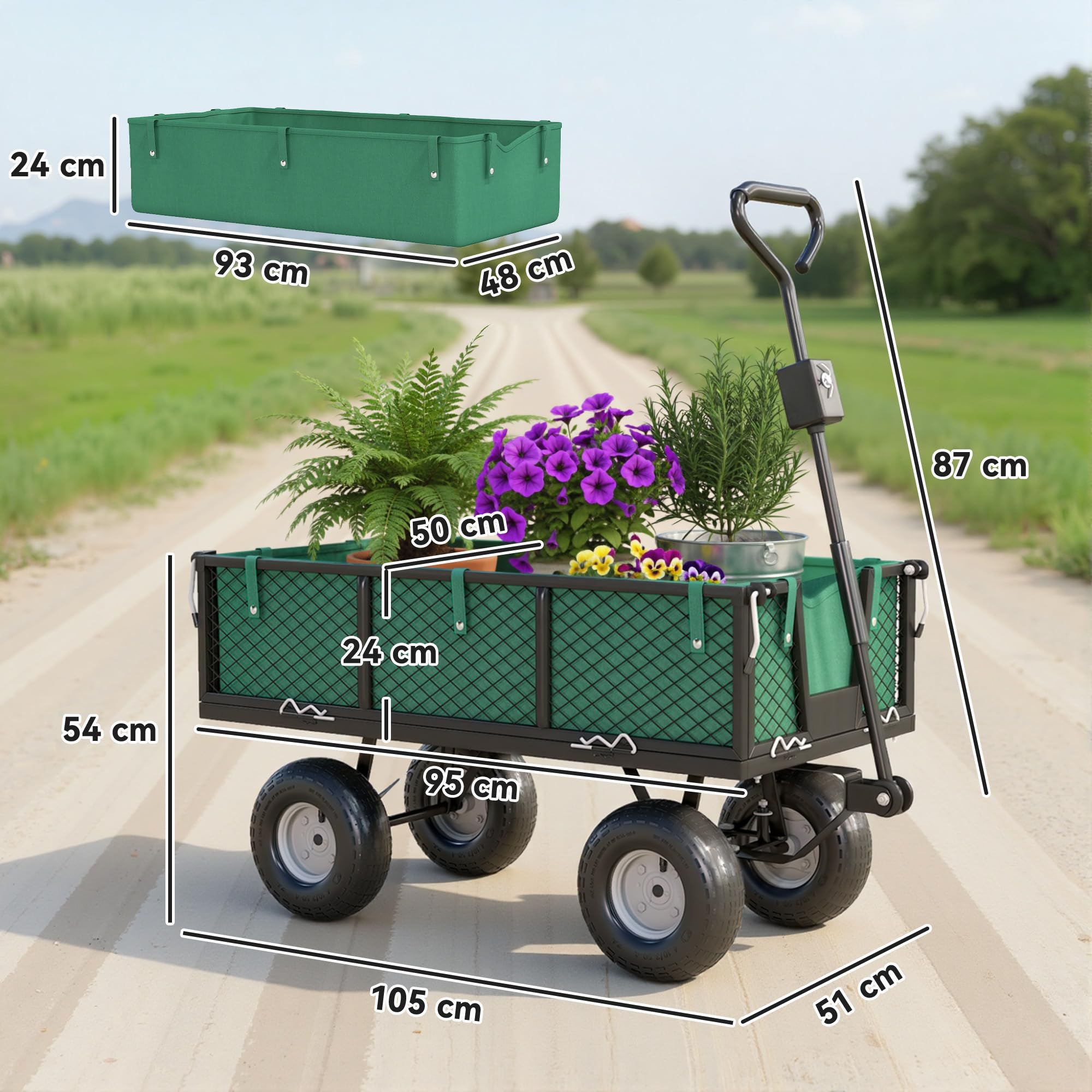 Outsunny Carrello da Giardino da 114L con 4 Ruote Grandi Capacità 200 kg, Carrello Spiaggia in Acciaio con Sacca Portaoggetti, Pareti Laterali Rimovibile e Maniglia Girevole, 105x51x54 cm, Verde