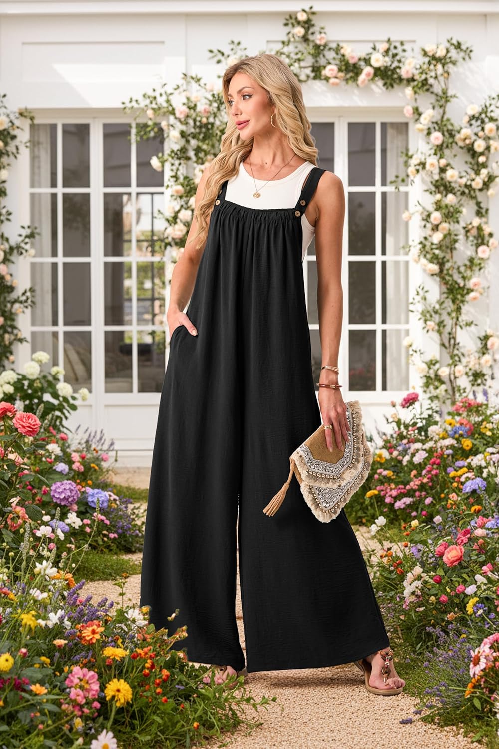 Lepunuo Womens Casual Jumpsuits Summer Boho Wide Leg Rompers Sleeveless Overalls Pleated Jumpers with Pockets - Image 4