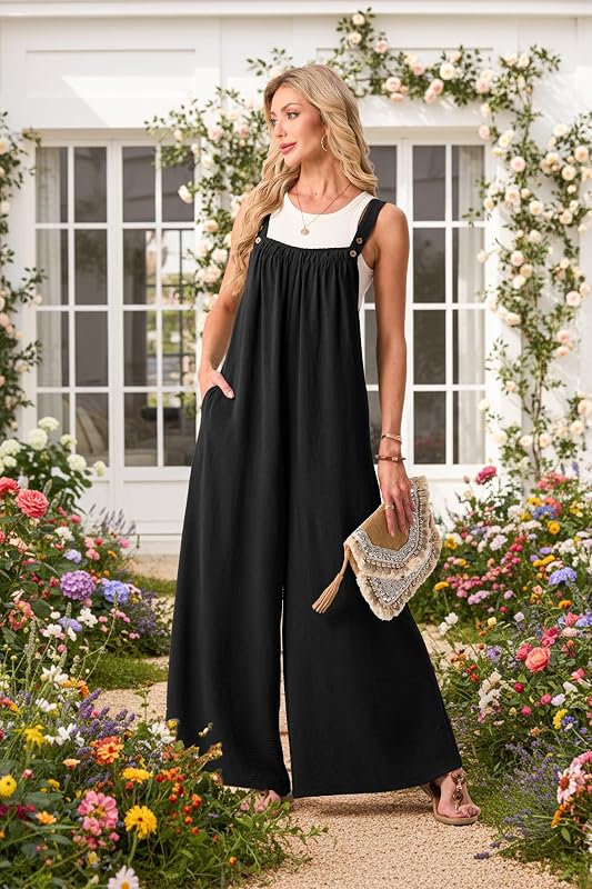 Lepunuo Womens Black Jumpsuits Summer Boho Wide Leg Overalls image 4