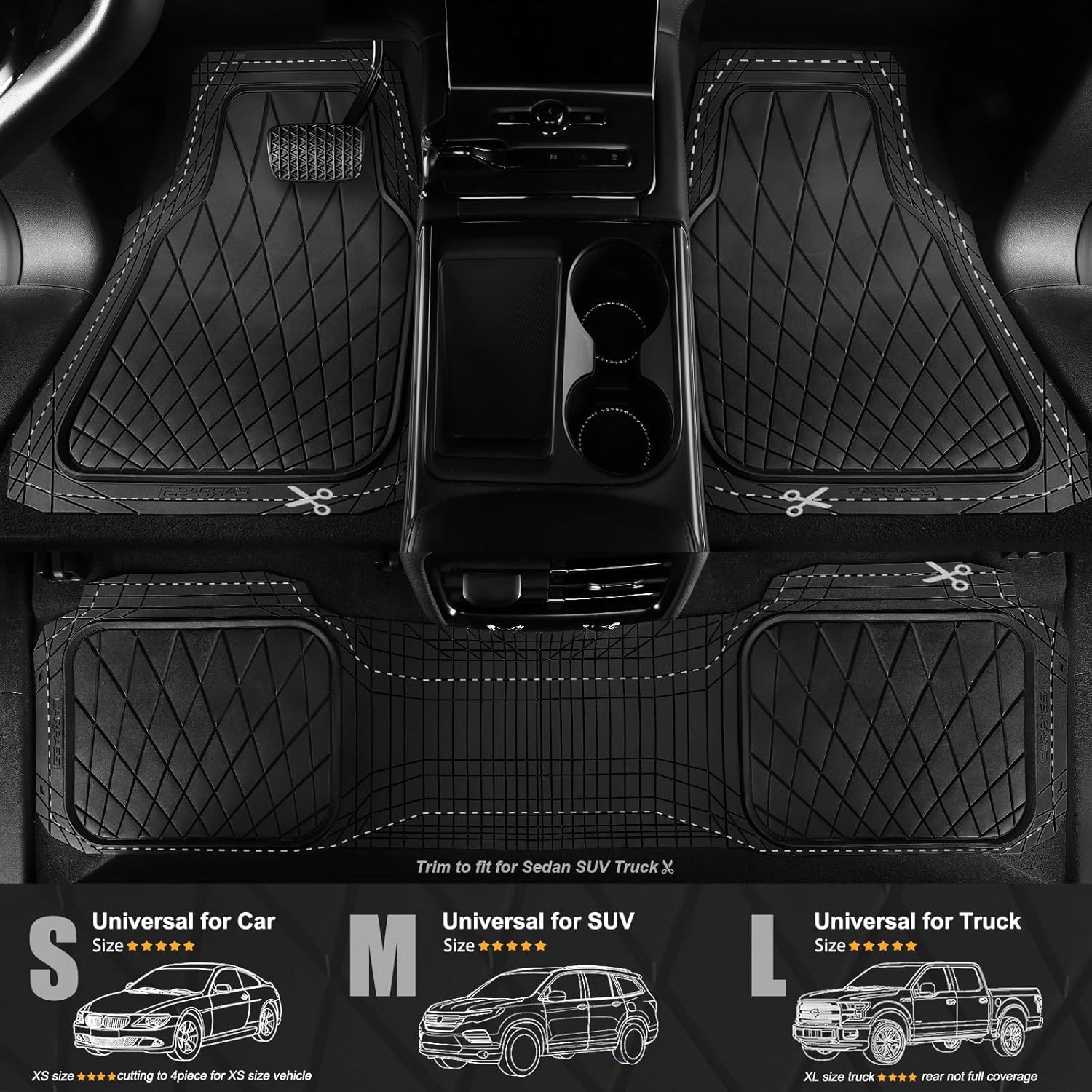CAR PASS Heavy Duty Rubber Car Floor Mats, Waterproof Universal Trim-to-Fit Car Mats All Weather Floor Mats for SUV Truck Sedan, Premium Auto Floor Mats Full Set 3 Piece Anti-Slip, Solid Pure Black - Image 6