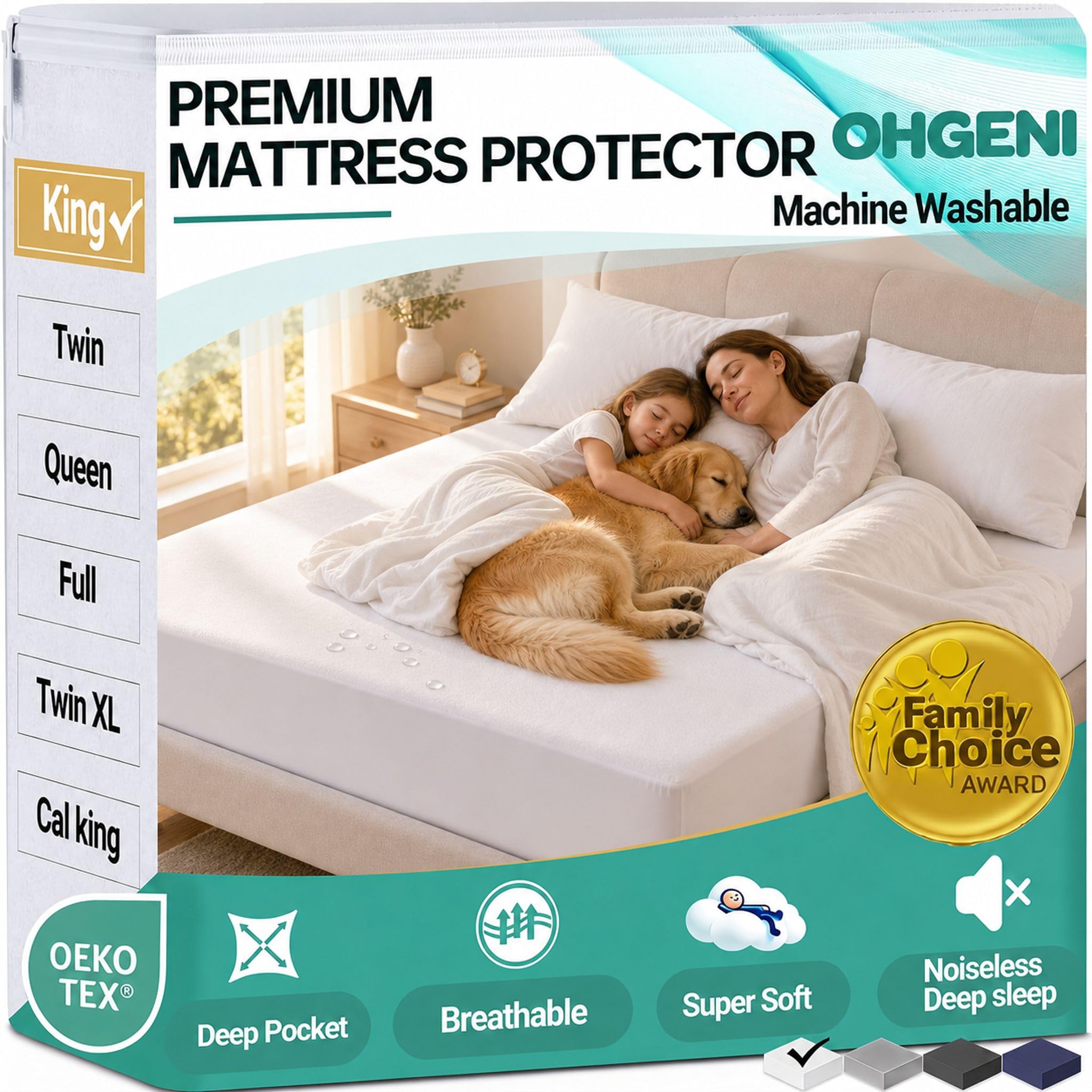 OhGeni Waterproof Mattress Protector, King Size Fitted Sheet with Deep Pocket, 6''-18'' Washable Hypoallergenic Mattresses Cover, Noiseless Soft Mattress Pad,Urine,Bedroom Essential,Pee & Dirt-Proof