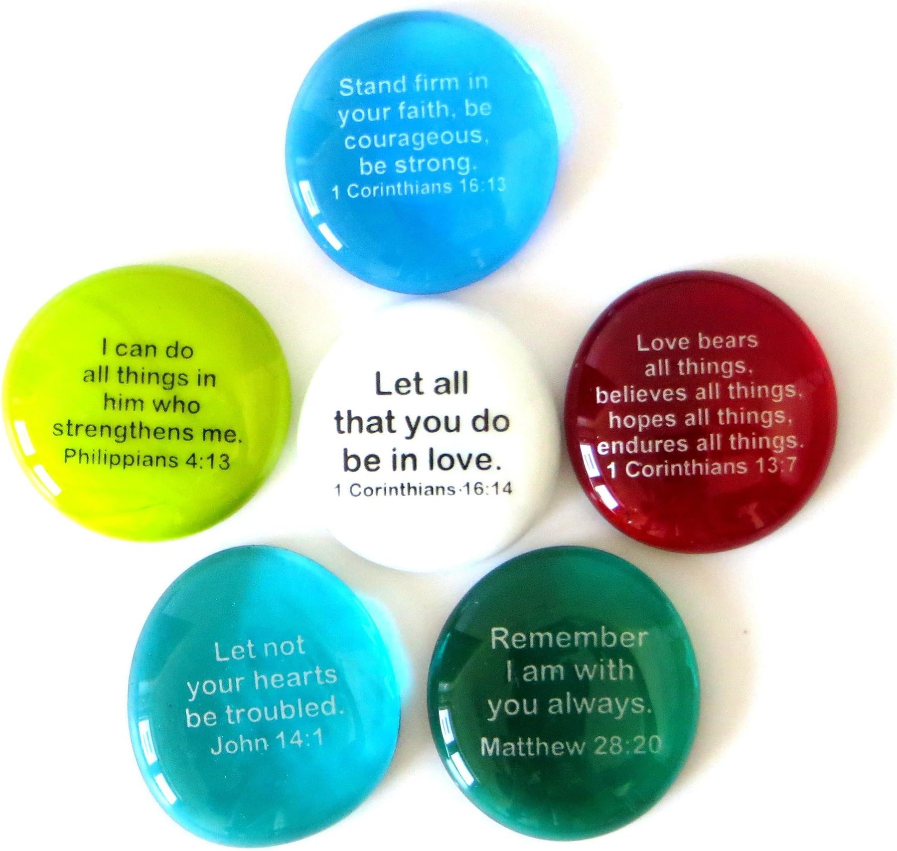 Scripture Glass Stones, Six of Your Favorite Inspiring Bible Verses on Translucent and Opaque Rocks, by Lifeforce Glass.Set III.
