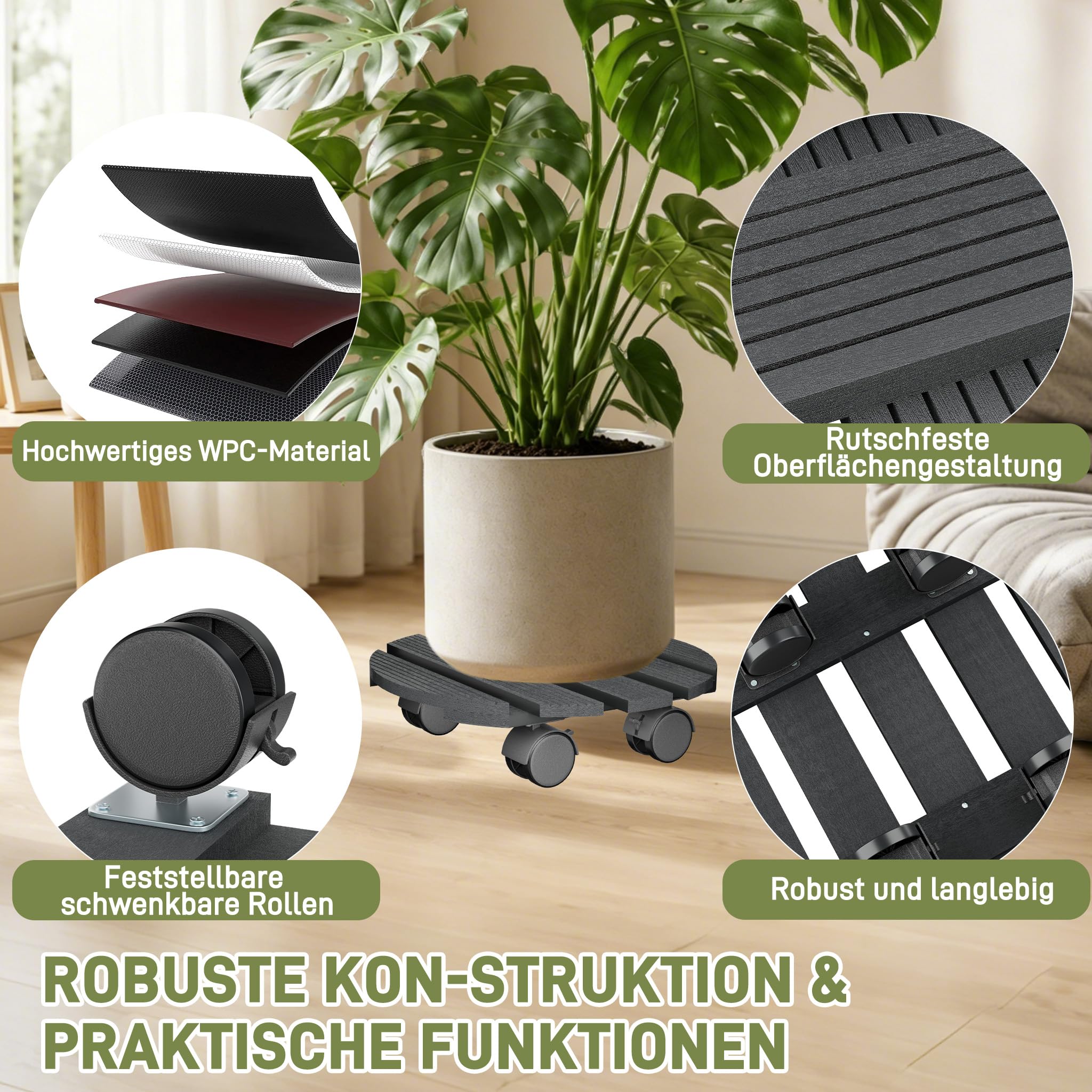 XMTECH 2x WPC-Pflanzenroller Witterungsbestaendig 100 kg Tragkraft, Pflanzenroller & Blumenroller ø30cm für Außenbereich + Innenbereich, Rollbrett Pflanzen, Untersetzer mit Rollen, Rund, Anthrazit