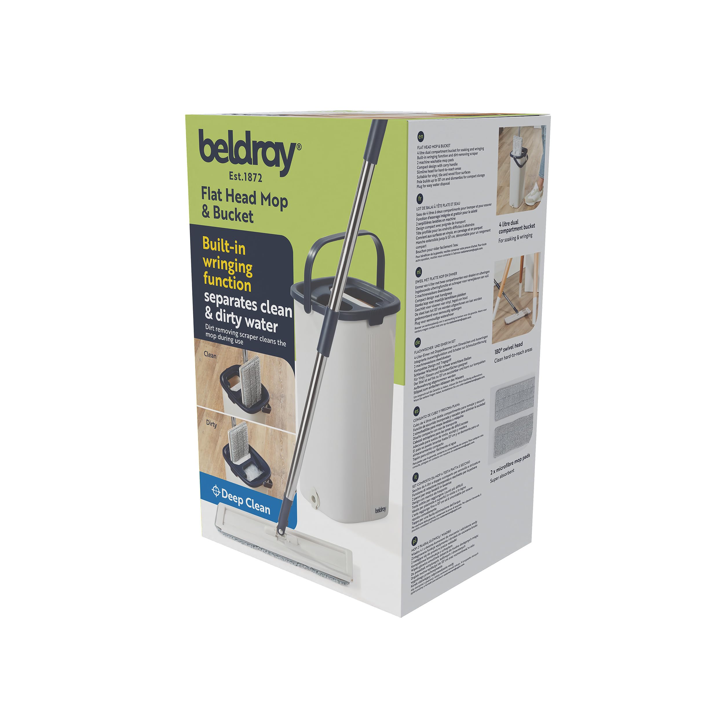 Beldray Juego de fregona Plana y Cubo de Limpieza Profunda: Cubo de fregona de 4 litros con 2 Compartimentos para remojar/escurrir y Quitar la Suciedad, 2 Cabezales de Microfibra Lavables a máquina