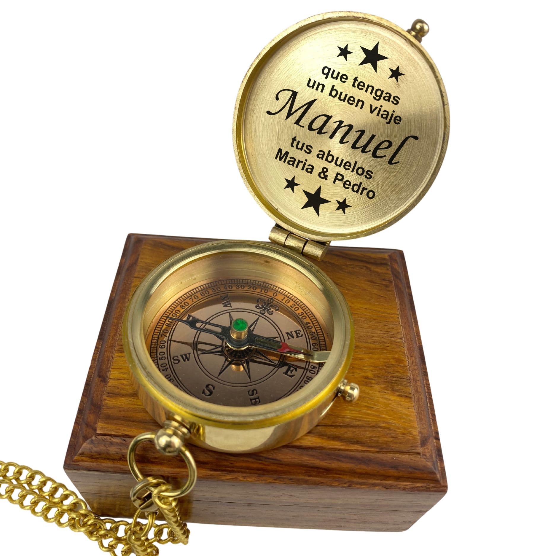 Brújula personalizada de latón pulido con grabado personalizable con tu nombre y texto en diferentes diseños, gran idea de regalo de piel en caja de madera