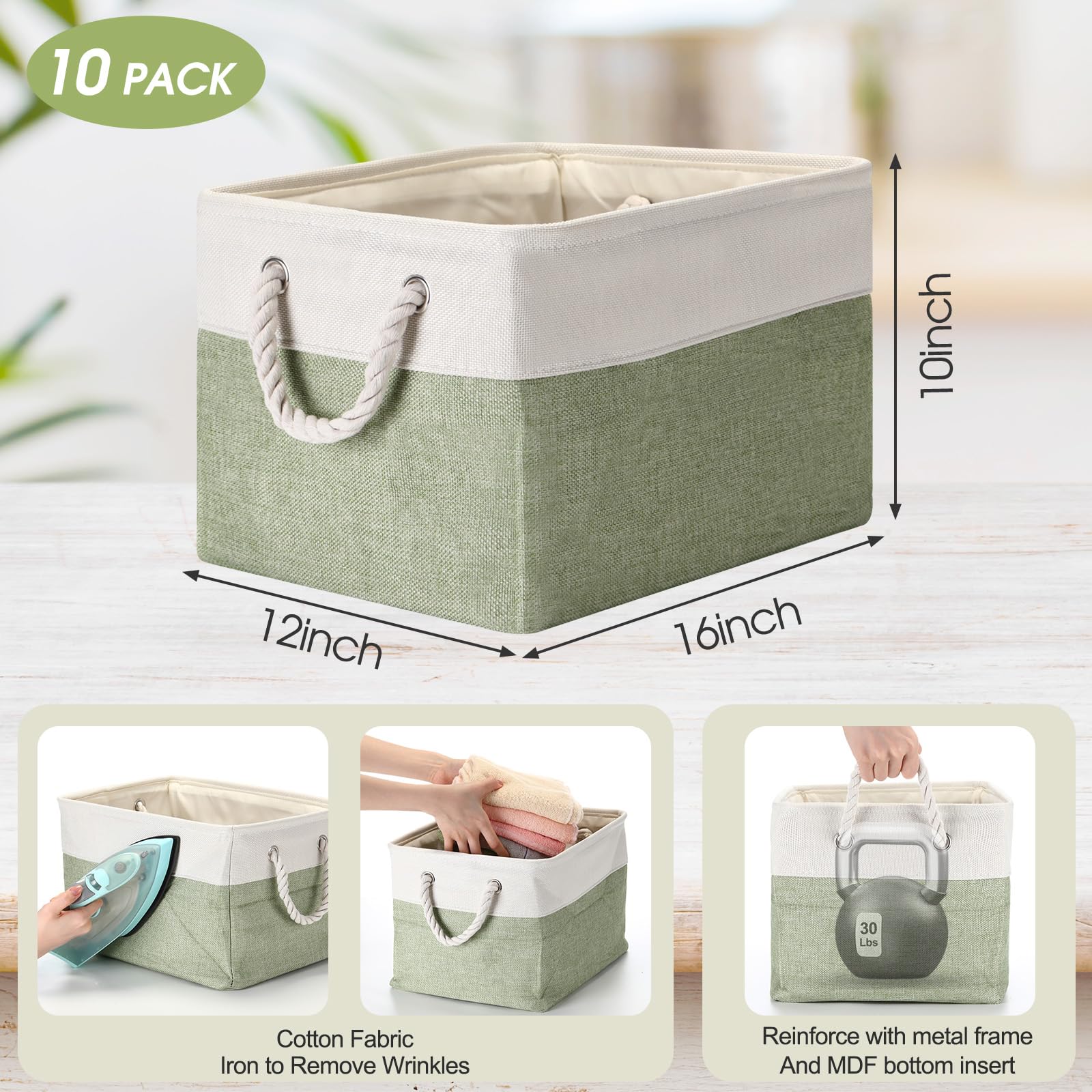 FoldTier Große faltbare Aufbewahrungskörbe aus Stoff mit Griffen, dekorative Aufbewahrungskörbe für die Organisation von Regalen, Spielzeug, Kleidung, Beige und Grün, 40,6 x 30,5 x 25,4 cm, 10 Stück