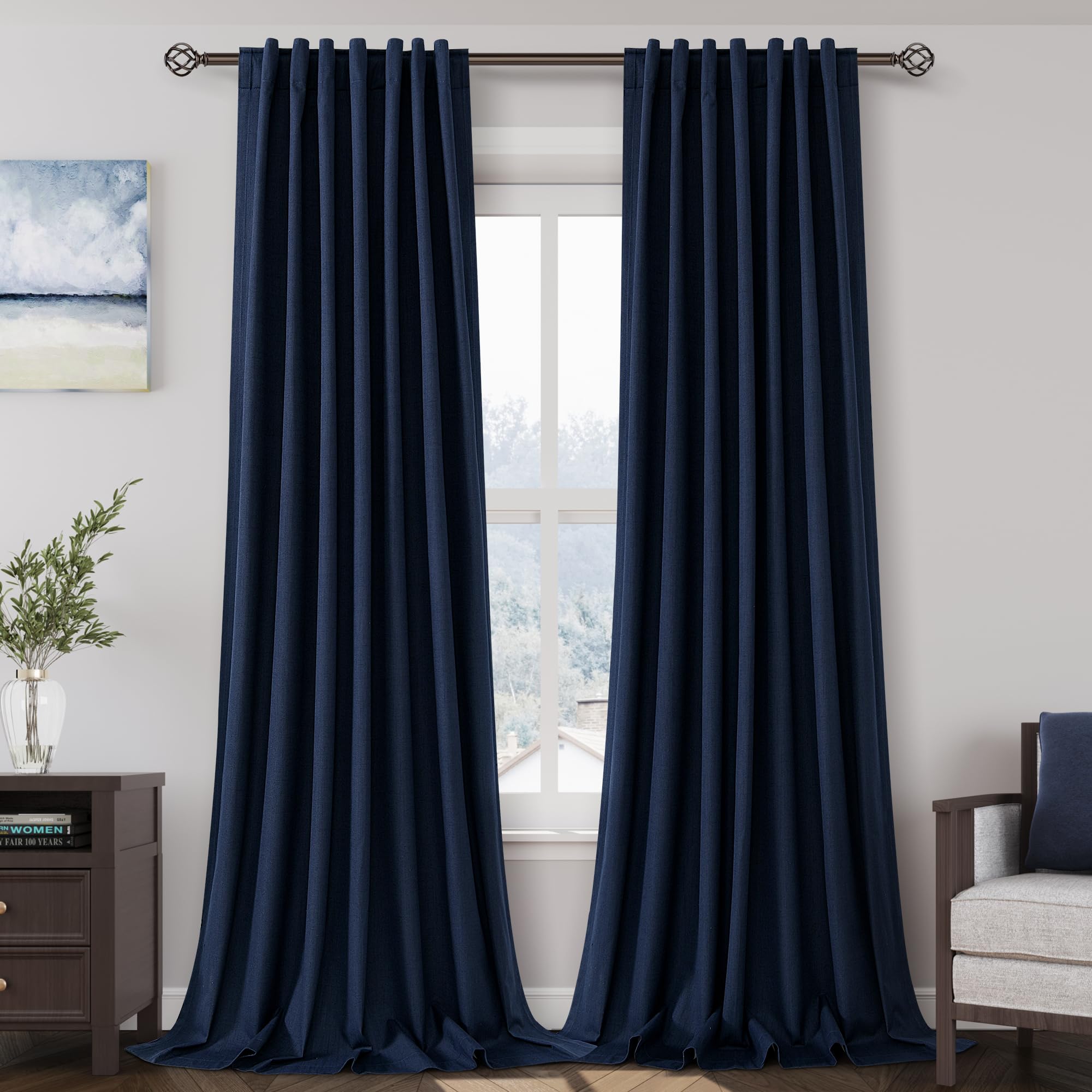 Navy Blue 100% Blackout Linen Curtains for Bedroom 100 Inches Long Back Tab Thermal Insulated Modern Luxury Nautical Decor Black Out Curtain for