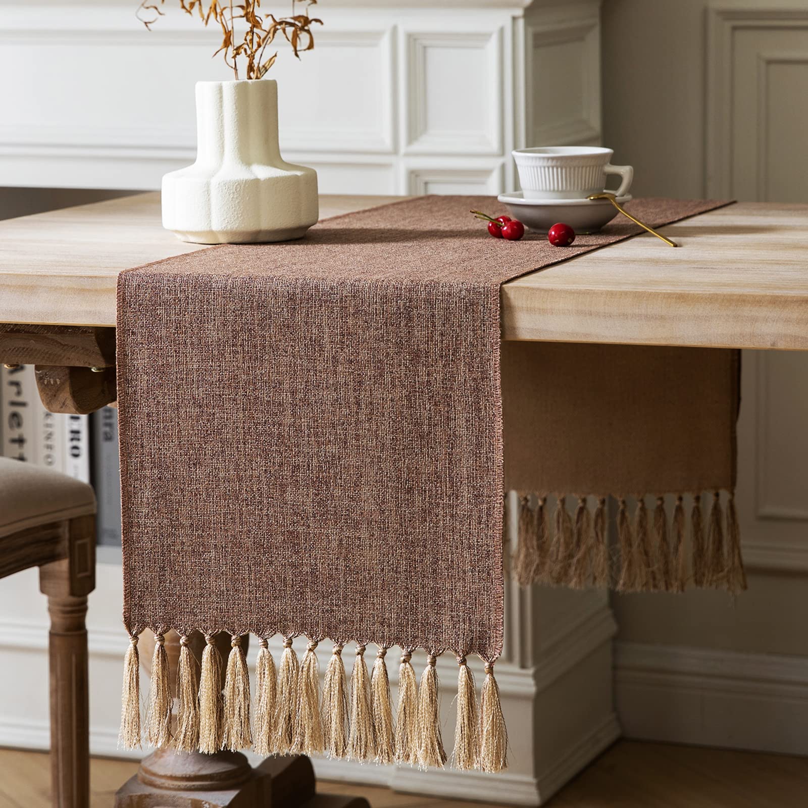 ZeeMart Rustic Table Runner with Handmade Tassels, Brown Burlap Style Farmhouse Table Runners 36 Inches Long, Small Short Coffee Table Runner for Party Holiday Daily Use, 13x36 Inches, Brown โ image 1