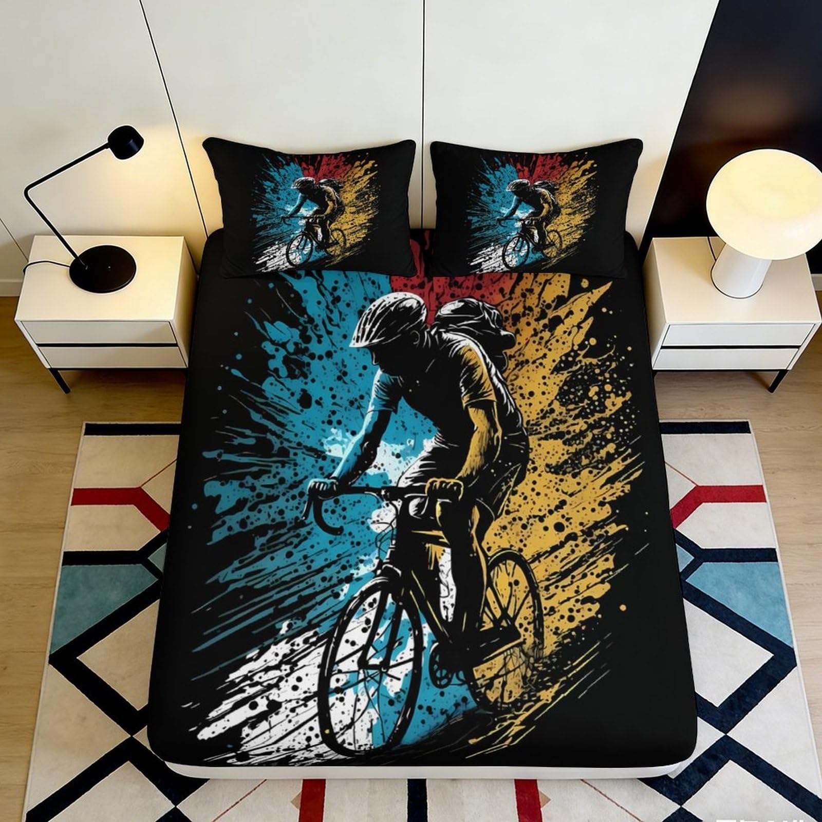 3D Printed cyclist design Fitted Sheet, Microfiber soft touch, wrinkle resistant, stylish bed accent for bedroom, guest room bedding 90x200x25cm