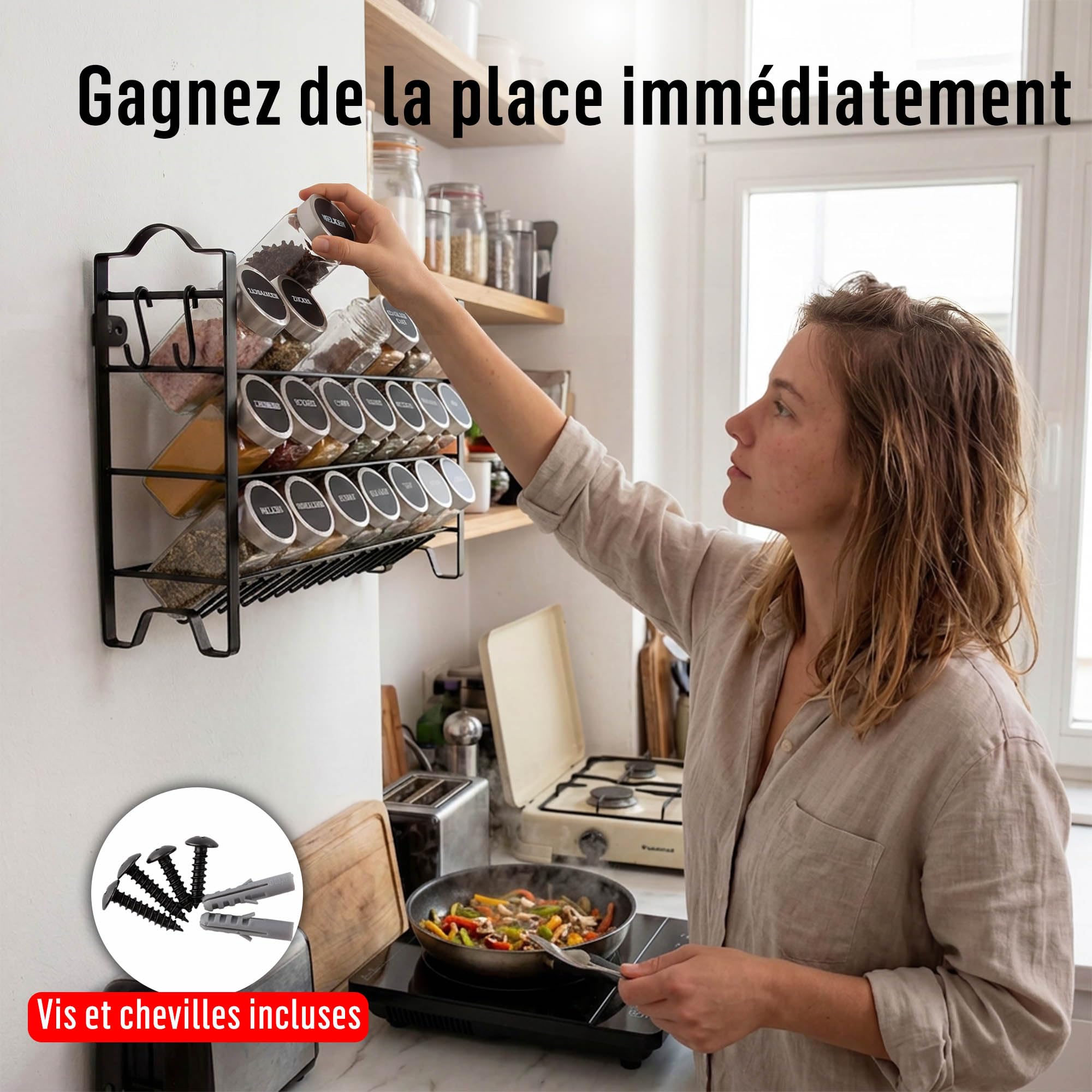 Deco haus® Etagere avec Pot a Epices Lot de 24 Boite avec Étiquettes d'épices Françaises - Rangement Cuisine