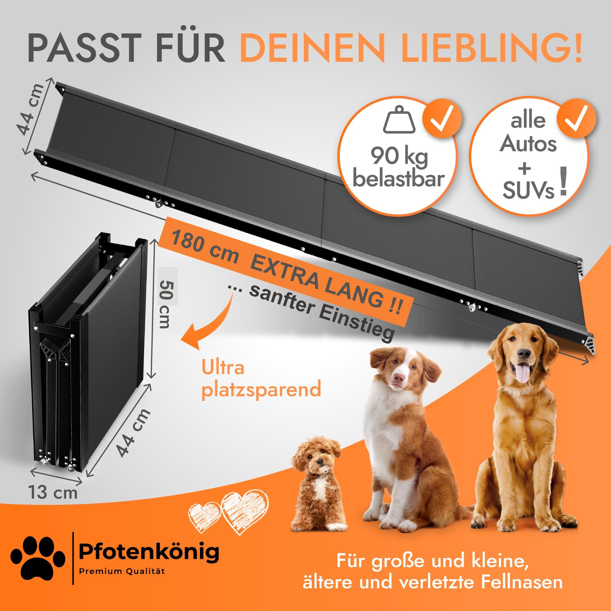 Hunderampe - 1,80 m Ultra-lang - [Einstiegstraum] - stabile Premium Hunderampe Auto klappbar - Anti-Rutsch Hunderampe Auto aus Leicht-Alu - passt für alle Fahrzeuge