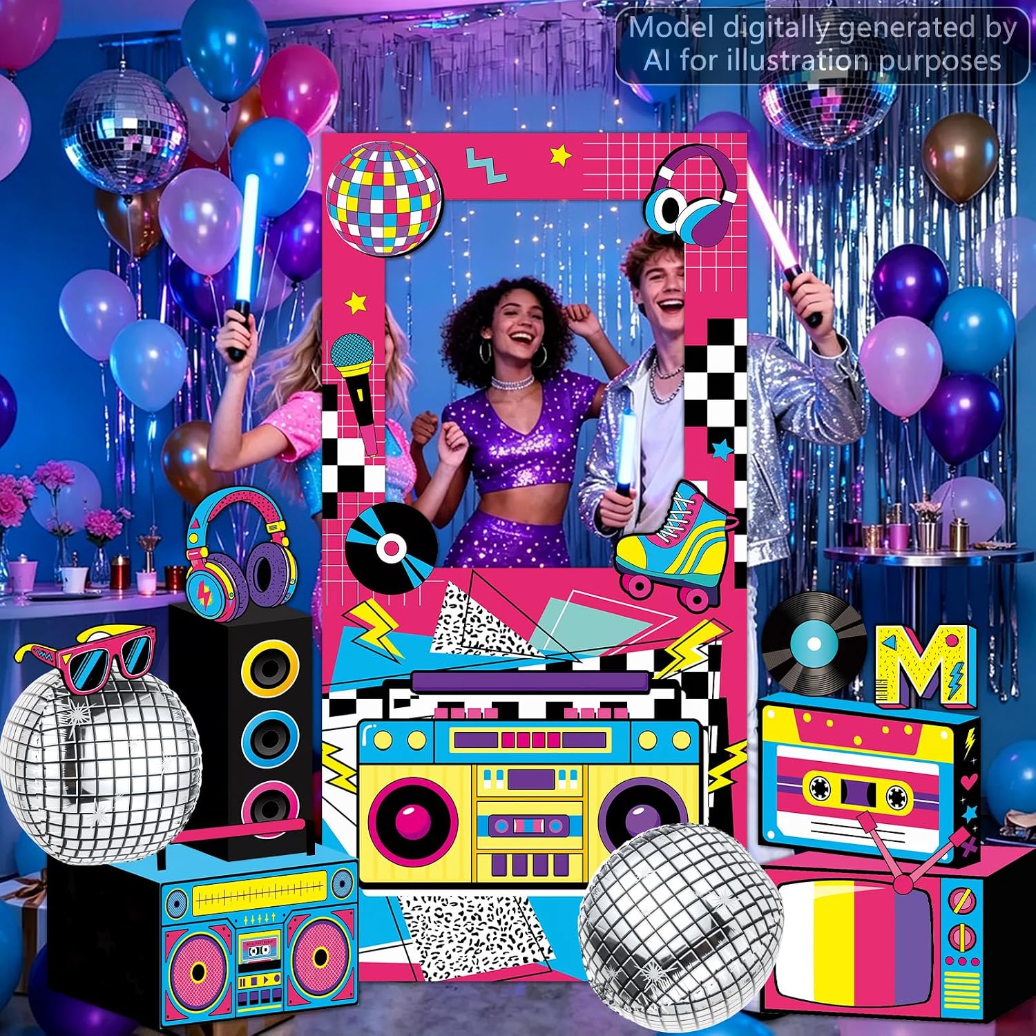 13Pcs 80s 90s Party Decorations 80s Photo Booth Props Backdrop Retro Radio Boombox Boxes Retro Music Themed Cards Disco Ball Balloons Vintage 90s Photo Backdrop for Hip Hop Music Birthday Supplies