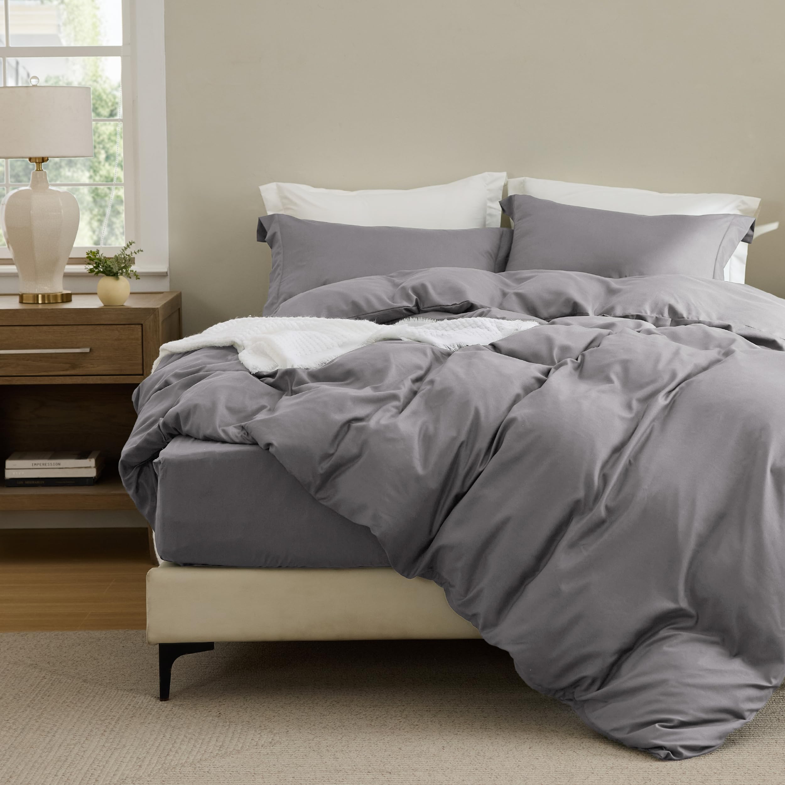 Bedsure Queen Duvet Cover with Fitted Sheet - Soft Double Brushed Bedding Set with Zipper Closure, 4 Pieces, Includes 1 Duvet Cover (90"x90"), 1 Fitted Sheet, 2 Pillow Shams, NO Comforter, Grey