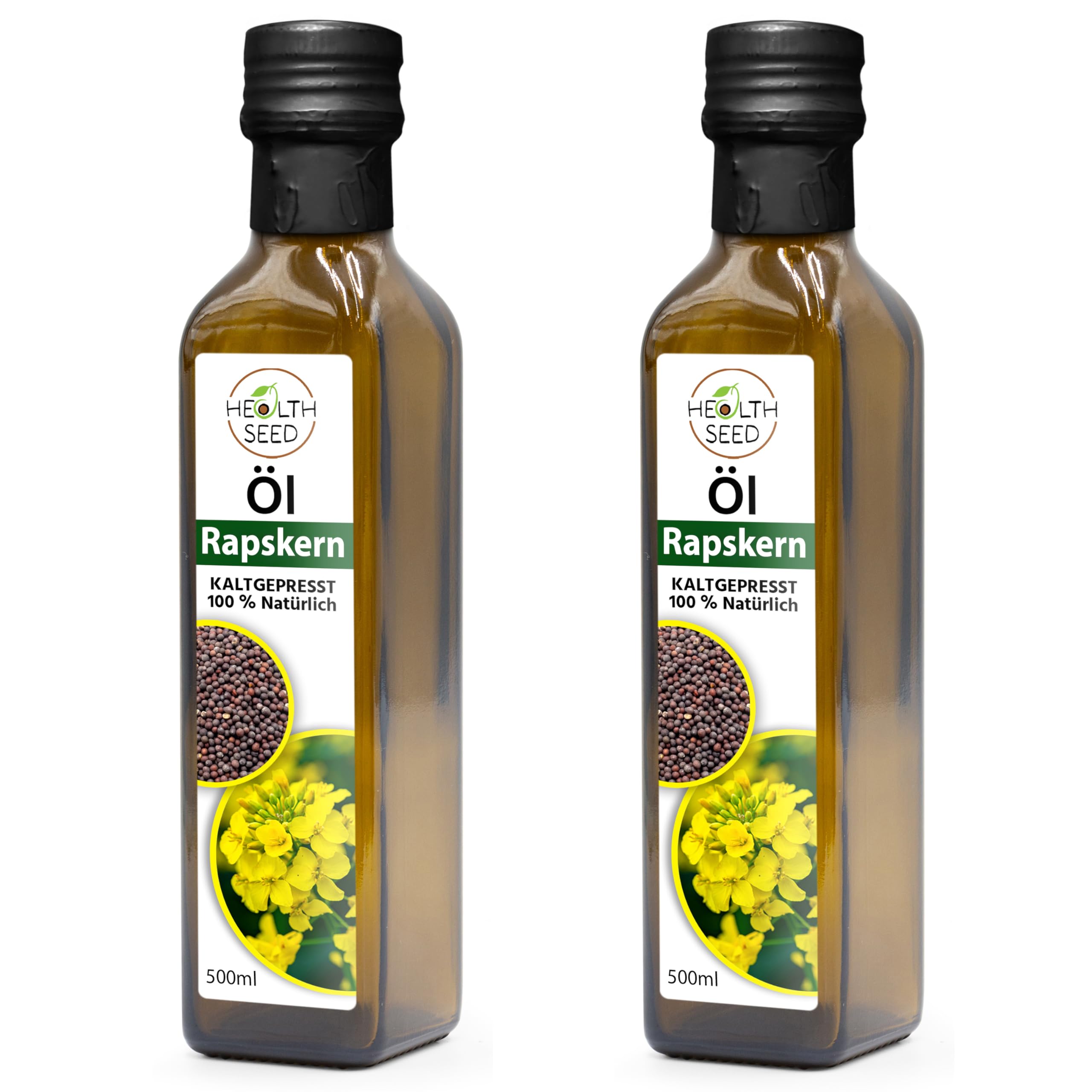 Health Seed® 2 x 500 / 1000 ml – Aceite de semilla de colza sin filtrar – Botella de cristal 100% puro prensado en frío – Fresco del fabricante