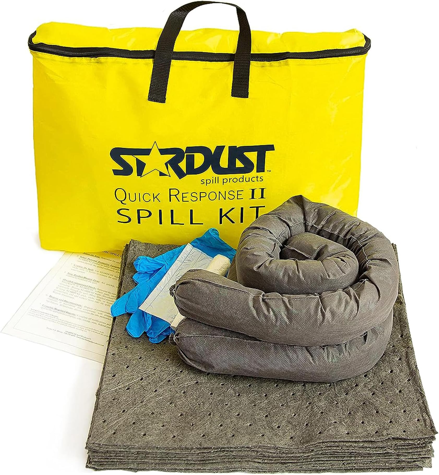 - Stardust Spill Products D715 Quick Response II Spill Kit Includes Yellow Duffle, 15 Universal Sorbent Pads, 2 Universal Sorbent Socks 3"x4', 4 Disposal Bags, Nitrile Gloves