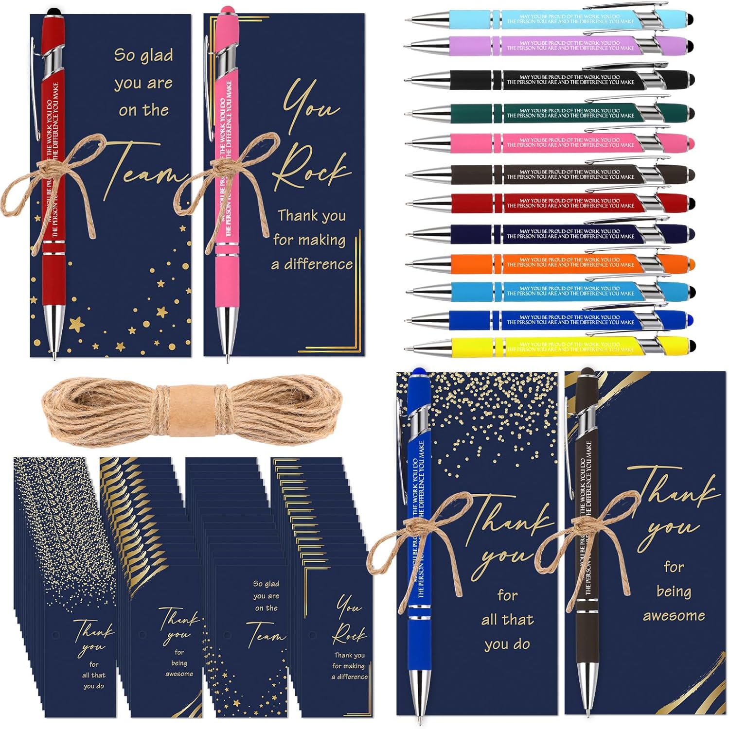 Qilery 36 Set Employee Appreciation Pens Gifts Black Ink Metal Inspirational Ballpoint Pen with Stylus Tip Colorful Motivational Quote with Thank You Card Rope for Coworker Team Teacher Staff