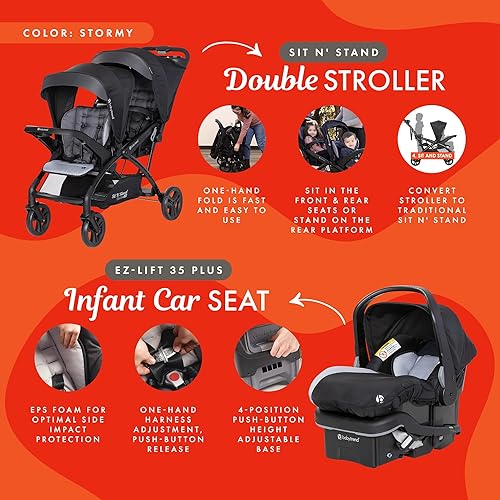 Miniatura 2 de Baby Trend Sit N Stand - Cochecito doble 2.0 DLX con arnés de seguridad de 5 puntos y EZ-Lift Plus asiento de automóvil ligero para bebé con funda