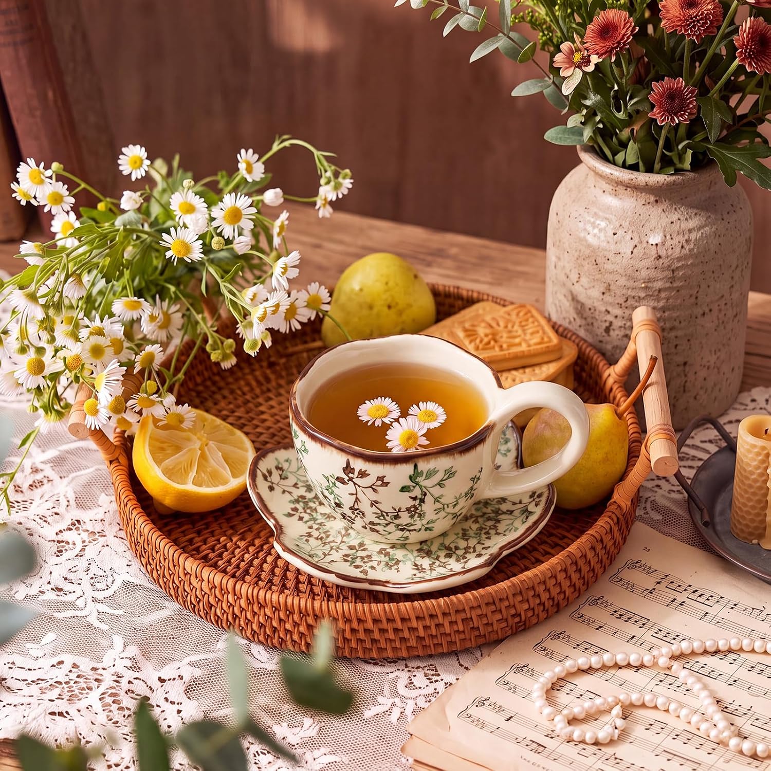 Patelai 9 oz Vintage Floral Ceramic Tea Cups and Saucers Set