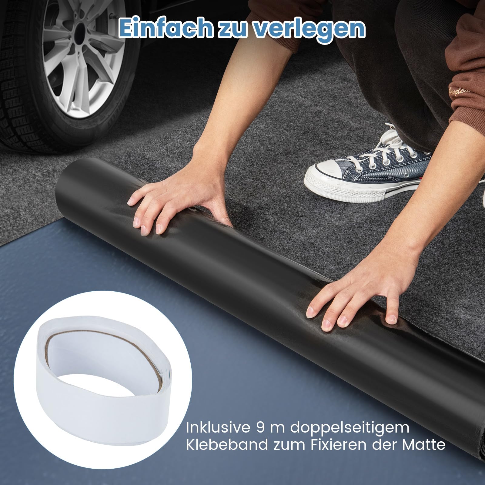COSTWAY Garage Bodenmatte, 252,5 x 221 cm, Ölmatte Garagenbodenmatte Auto, Bodenmatte rutschfest & wasserdicht & wiederverwendbar, Antirutschmatte Garagenmatte, inkl. doppelseitigem Klebeband