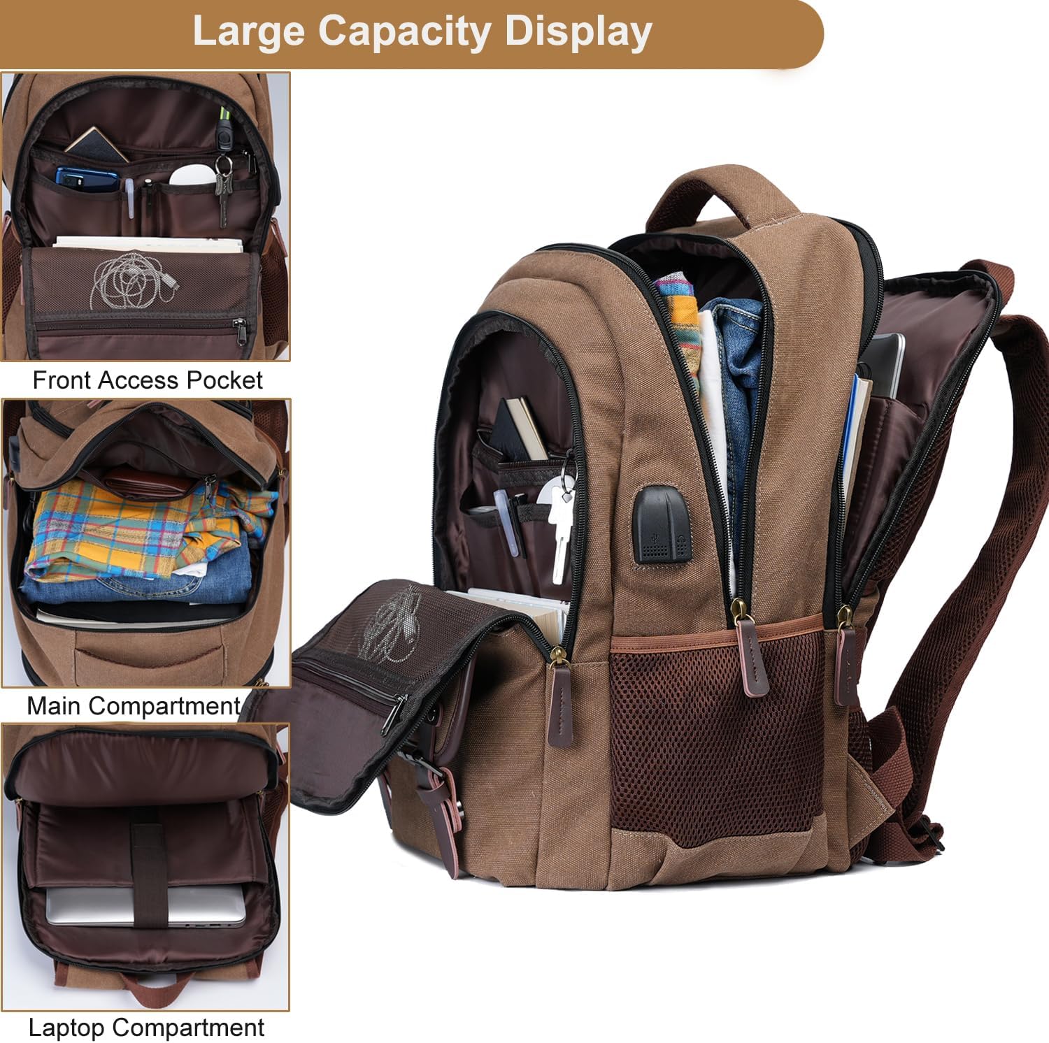 Mactso Canvas Travel Laptop Backpack for Men Women, Business Work Rucksack College Computer Bag Fits 15.6 Inch Notebook image 3