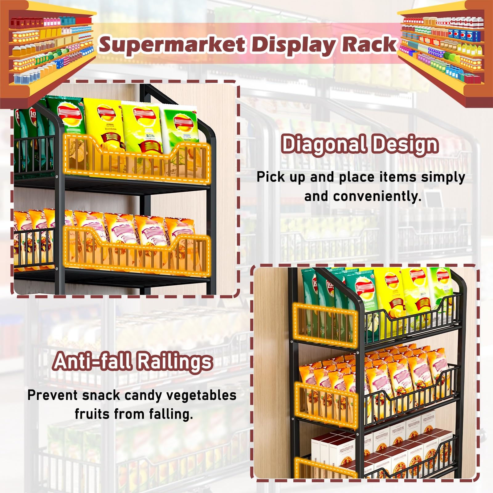 Présentoir à Snacks 5 Étagères - Rack Métallique Avec Roulettes Et Crochets - 165 Cm - Charge 55 Kg/étagère - Pour Magasin, Cuisine, Épicerie